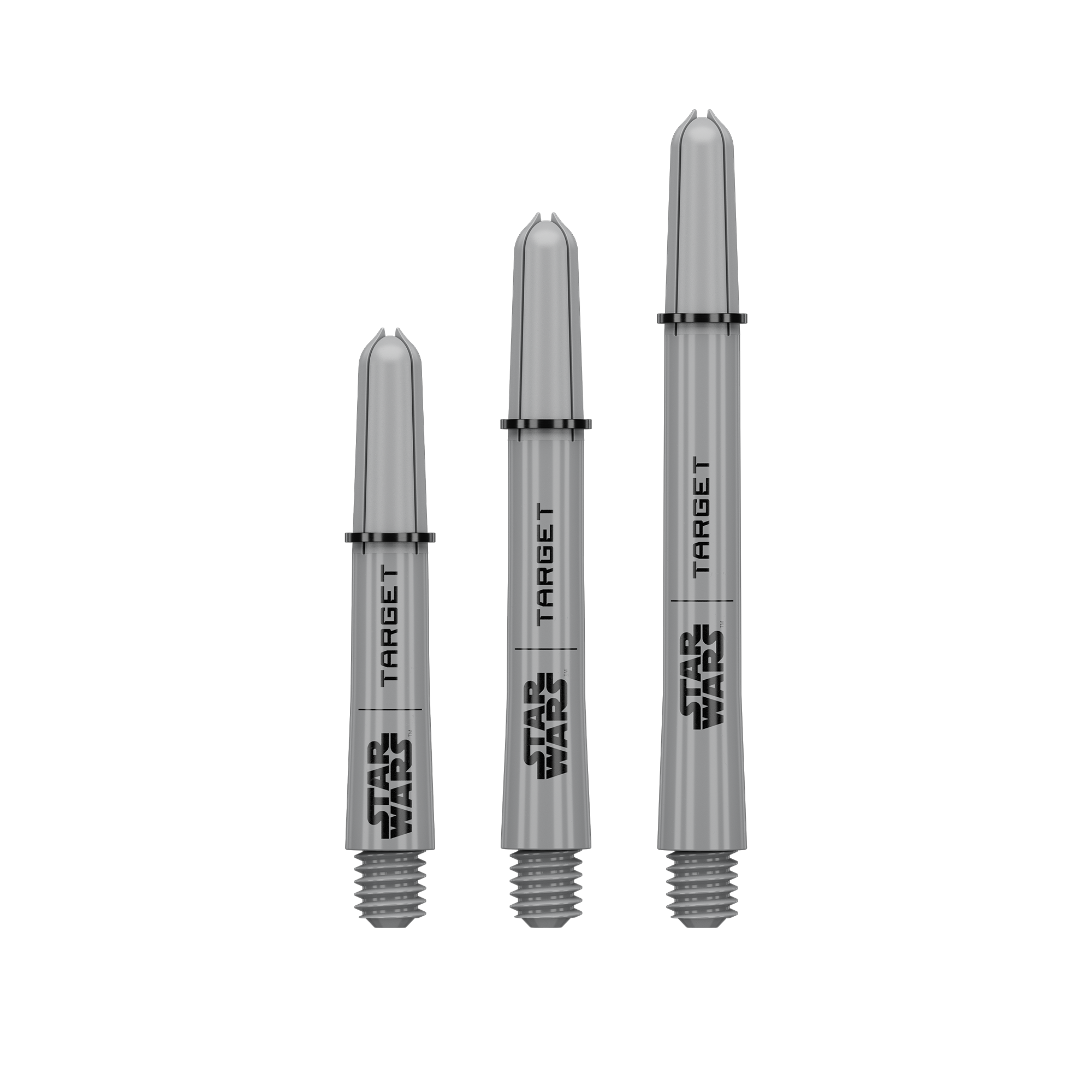 Abgebildet sind Target Star Wars ProGrip Shafts - Grau. Die grauen Dartschäfte eignen sich für präzise Würfe.