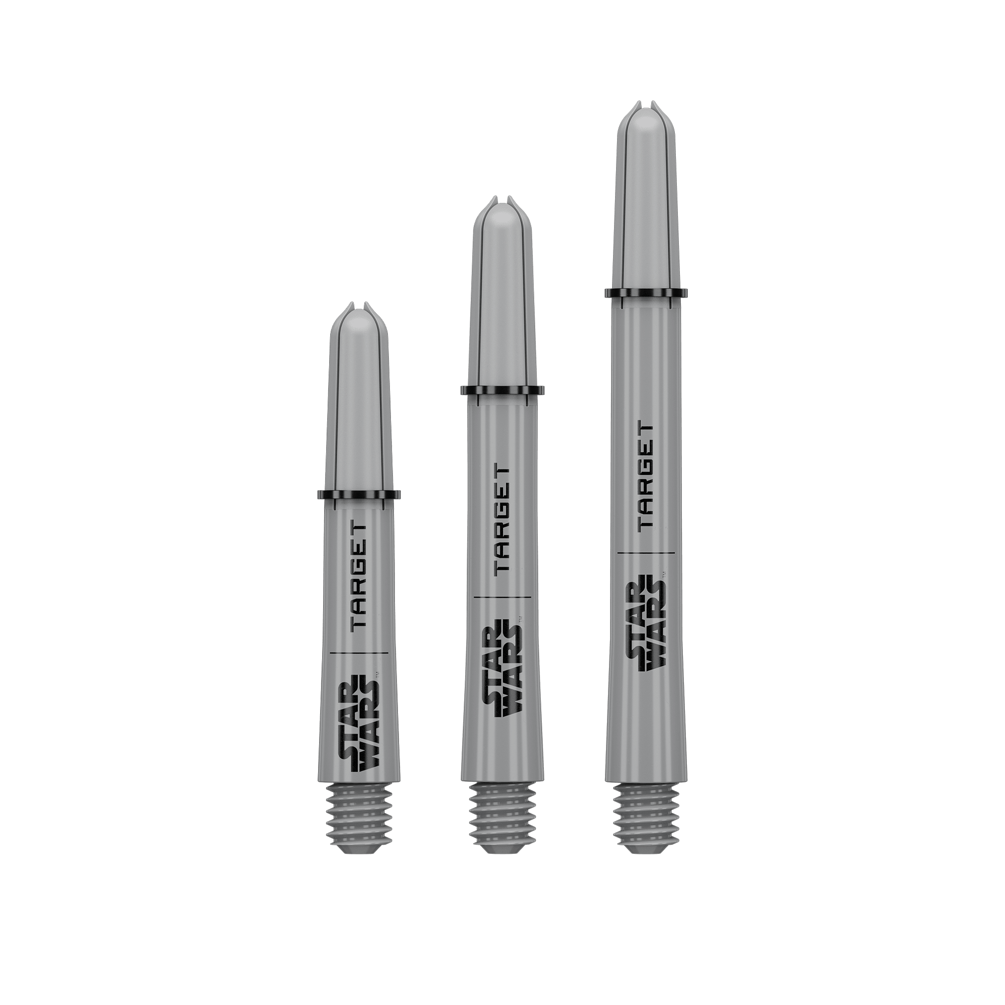 Target Star Wars ProGrip Shafts - Gray Abgebildet sind Target Star Wars ProGrip Shafts - Grau. Die grauen Dartschäfte eignen sich für präzise Würfe.