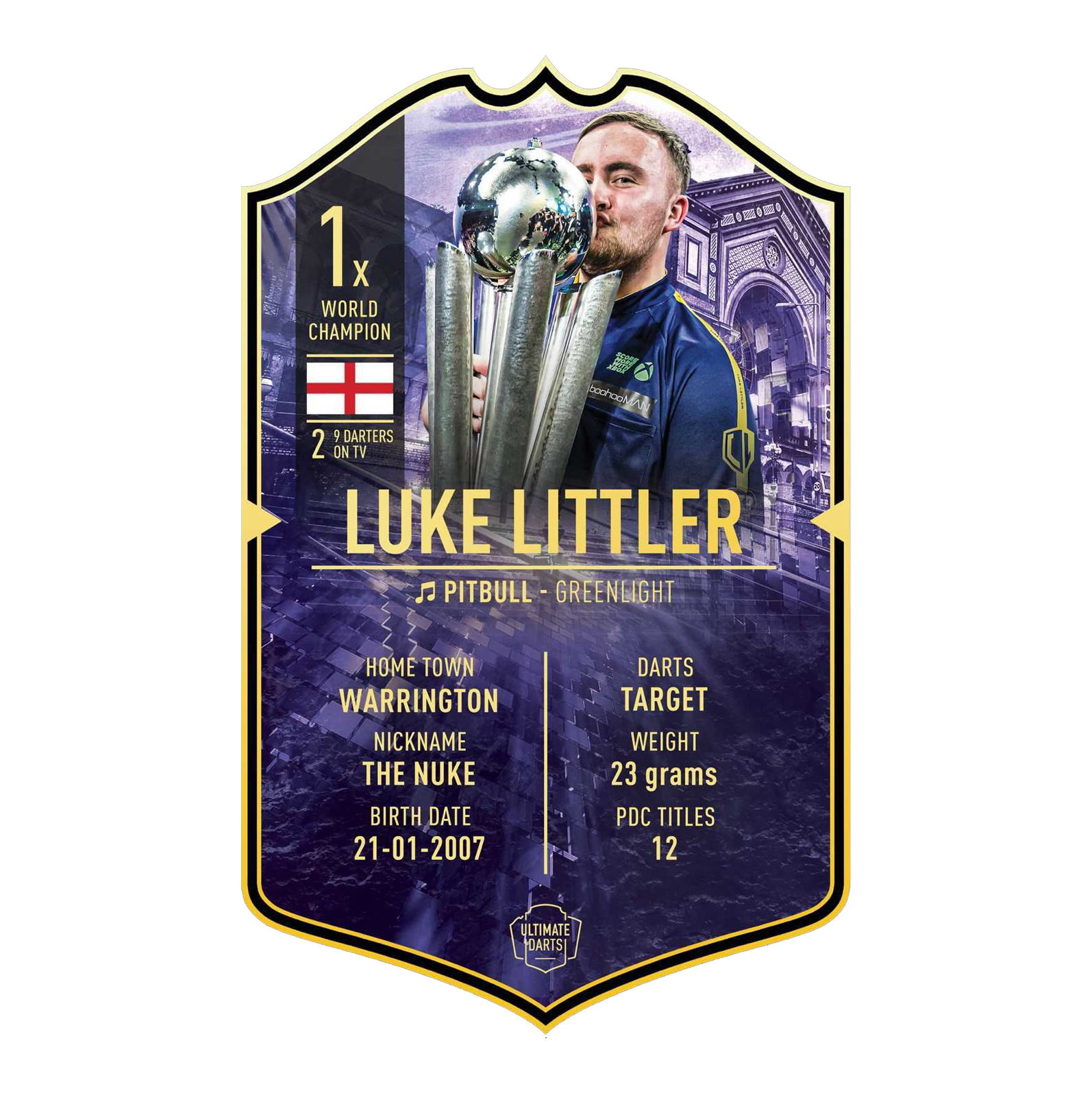 Die Abbildung zeigt die „Ultimate Darts Card - Luke Littler World Champion“. Auf der Karte ist Luke Littler mit seiner Trophäe sowie wichtige Informationen über ihn abgebildet.