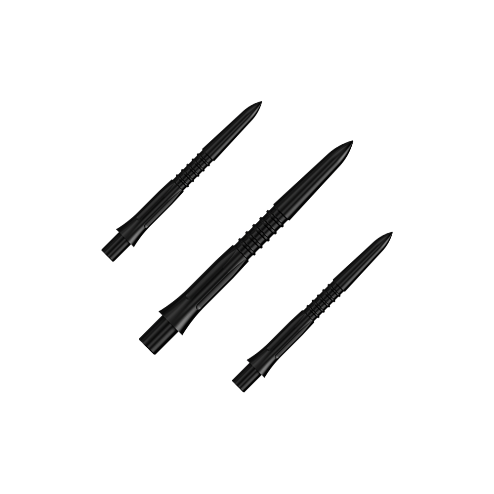 Mission Caliburn EVO Dart Tips GV1 - Black Ein Set von schwarzen Steeldartspitzen mit 26 mm Länge. Auf dem Bild sieht man mehrere Spitzen aus der Misson Caliburn EVO GV1 Reihe.