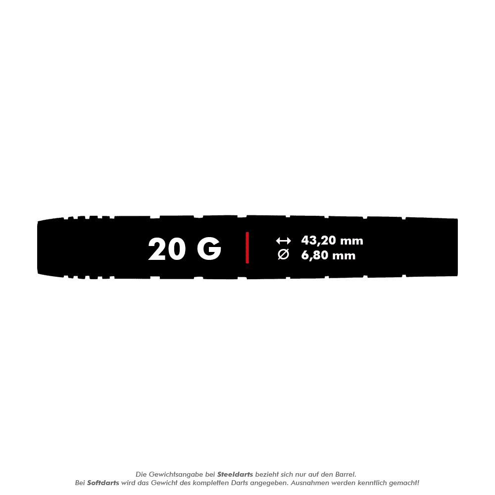 RD2505_Red_Dragon_Luke_Humphries_TX1_Softdarts_5_20g Das Bild zeigt einen Dart mit der Aufschrift "20 G". Die Maße sind 43,20 mm Länge und 6,80 mm Durchmesser.