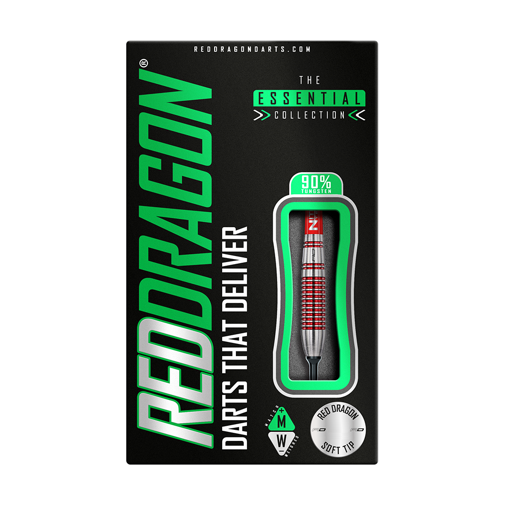 RD2137_Red_Dragon_Reflex_Softdarts_3 Die Abbildung zeigt die Verpackung der "Red Dragon Reflex Softdarts - 22 g". Auf der Packung sind ein Dartpfeil sowie Hinweise zu Material und Marke deutlich sichtbar.
