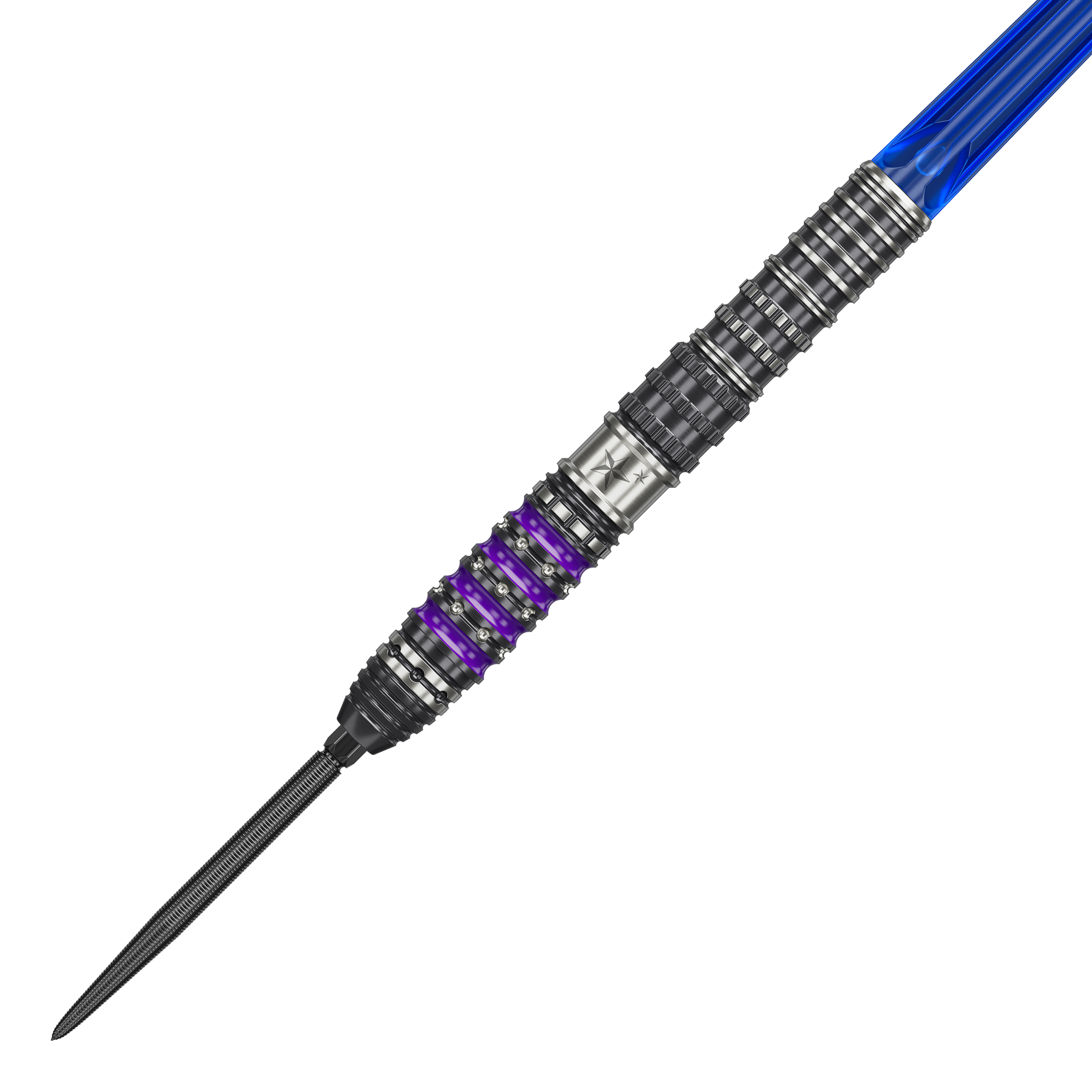 Das Bild zeigt einen Target Japan Prime Series Sirius GEN4 Swiss Point Steeldart. Der Dart hat einen silbernen und schwarzen Schaft mit lila Akzenten und einer blauen Flight.