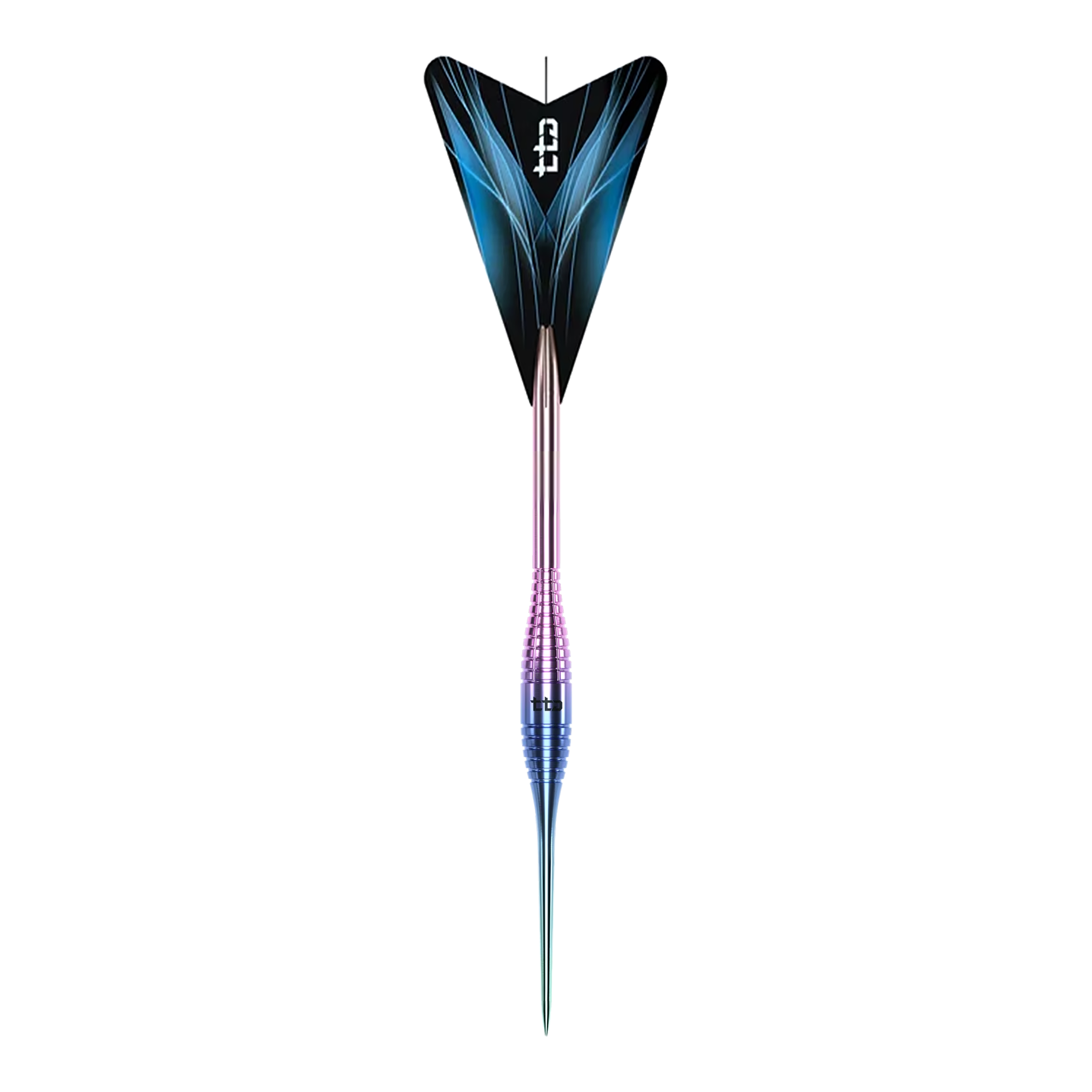 Caliburn TTD Complete Titanium T2 Rainbow Steeldarts - 6g Das Bild zeigt die Caliburn TTD Complete Titanium T2 Rainbow Steeldarts mit einem Gewicht von 6g. Die Steeldarts haben ein auffälliges, regenbogenfarbenes Design.