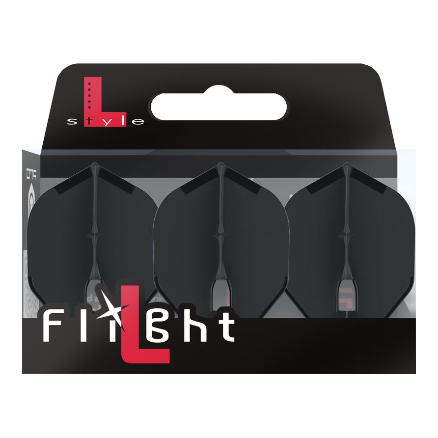 L-Style Champagne L1PRO Flights Auf dem Bild ist eine Packung mit drei schwarzen Dart-Flights der Marke L-Style zu sehen. Die Verpackung trägt die Aufschrift "Flight" und hebt das L-Style-Logo hervor.