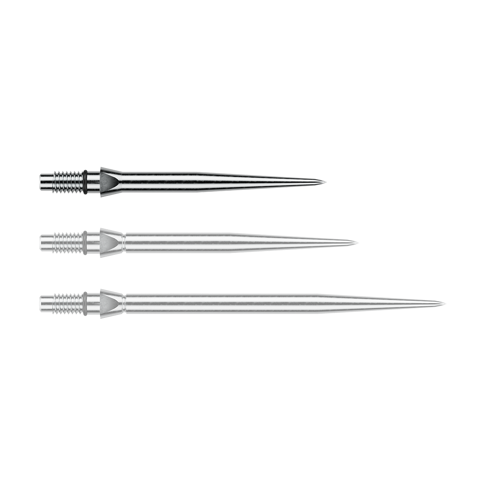 Winmau Switch Point Smooth steel dart tips - Silver Effect Das Bild zeigt eine silberne Steeldartspitze mit glattem Design. Die Länge beträgt vermutlich 26 mm.