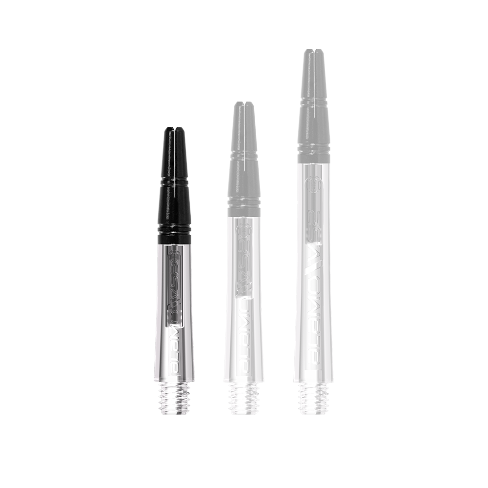 Harrow's Alamo VS2 Shafts - Clear Auf dem Bild sind drei unterschiedlich lange, transparente und schwarze Dartschäfte abgebildet. Sie stehen nebeneinander auf weißem Hintergrund.