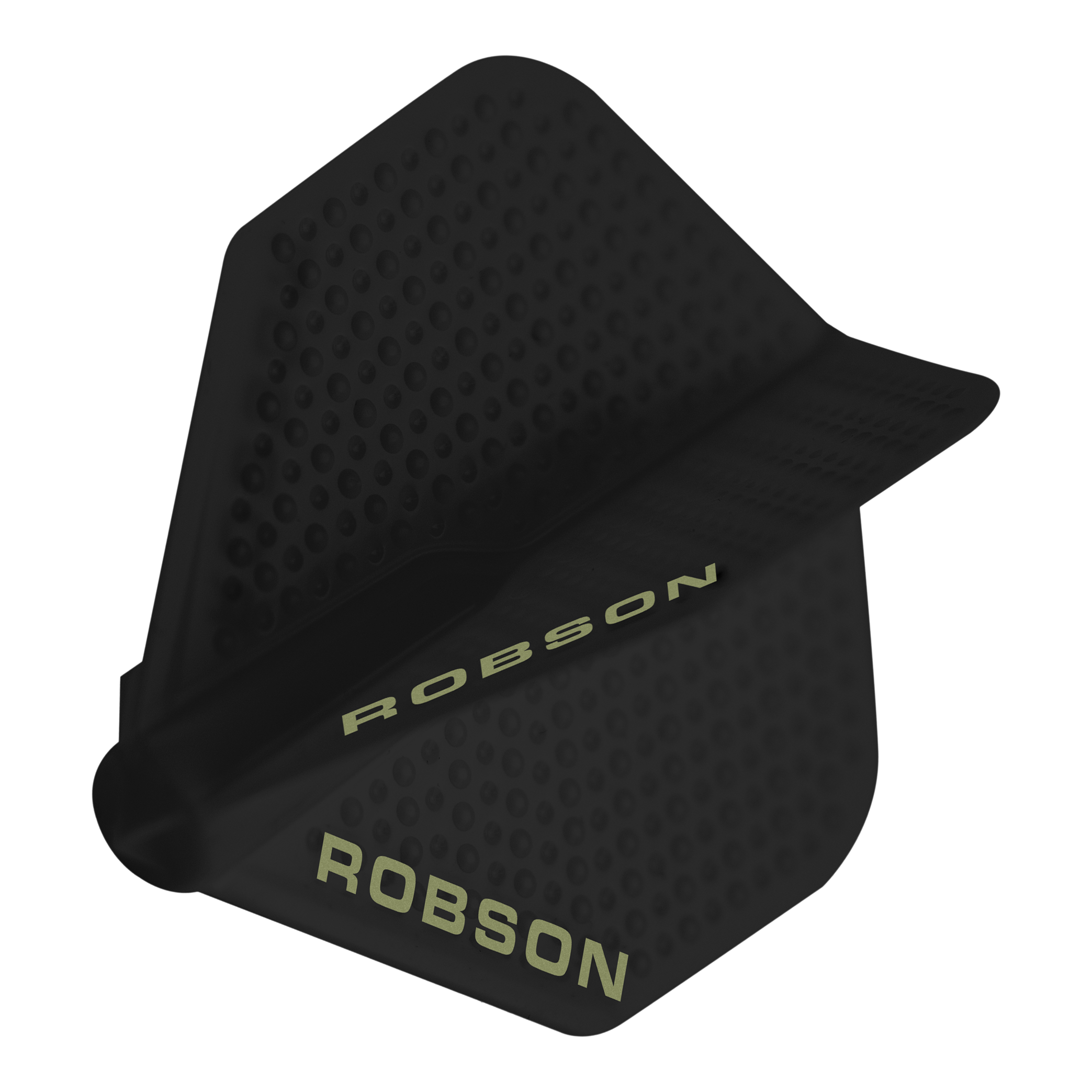 Robson Plus Dimple Flights - Black Dies ist ein schwarzer Dartflight mit einer Dimple-Oberfläche. Auf dem Flight steht der Schriftzug „ROBSON“ in heller Farbe.
