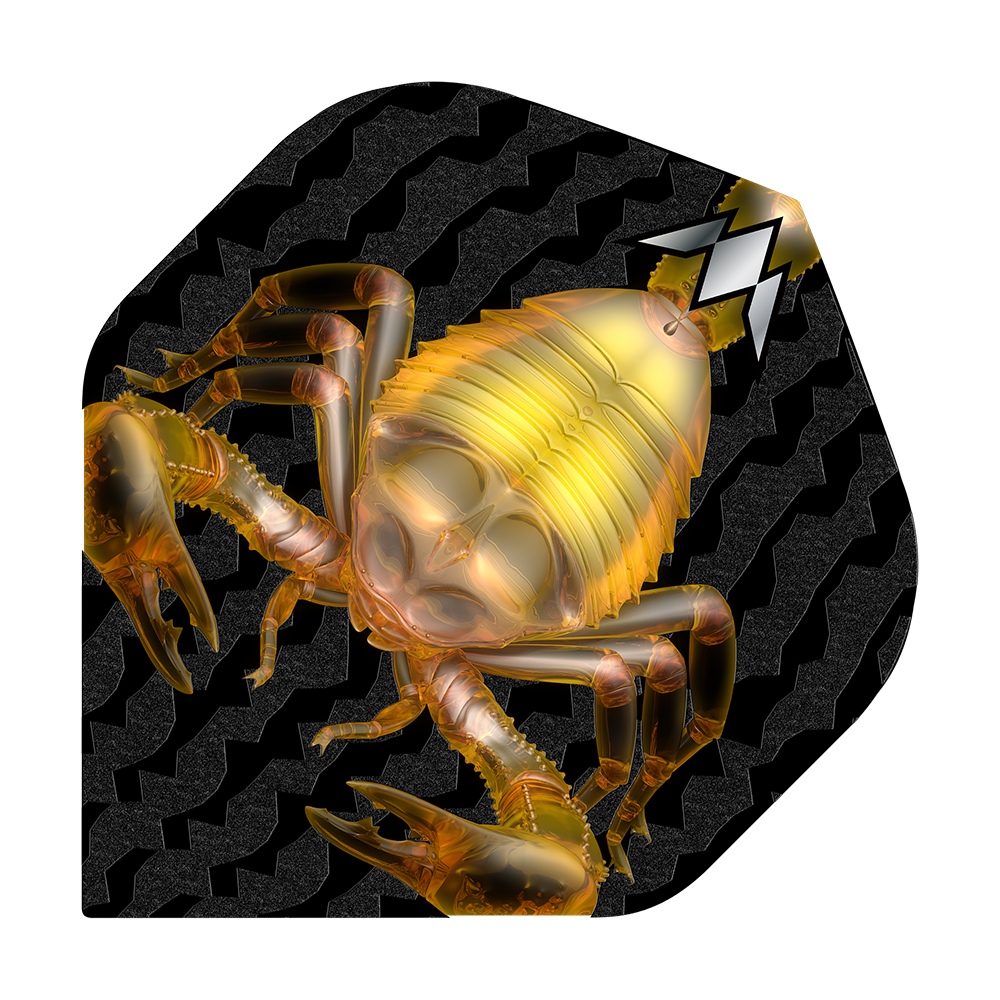 Mission Solo Scorpion No2 Standard Flights Das Bild zeigt das Produkt "Mission Solo Scorpion No2 Standard Flights" mit einer goldenen Skorpion-Grafik. Der Hintergrund ist schwarz mit einem wellenförmigen Muster.