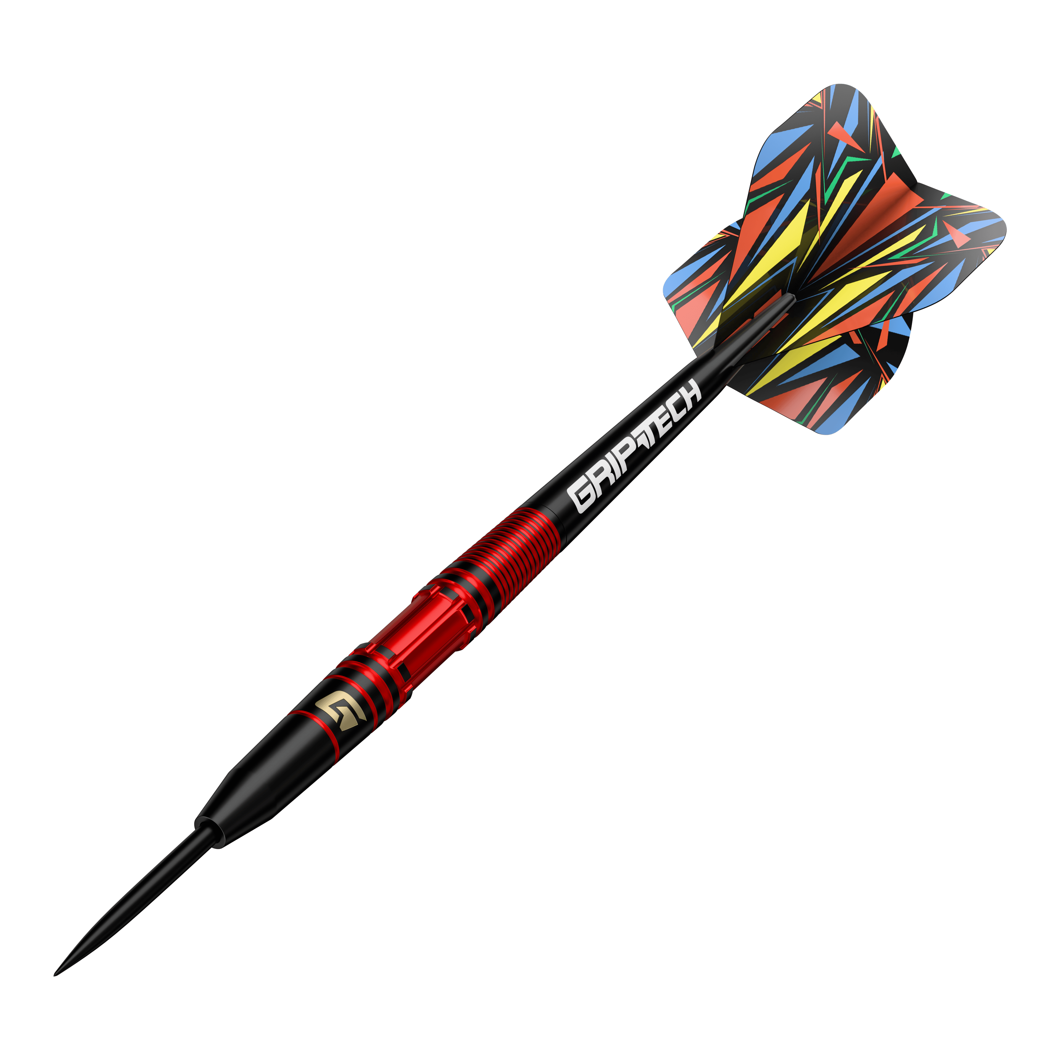 GOAT Athlete Red Brass Steeldarts - 11g Dies ist der GOAT Athlete Red Brass Steeldart mit einem Gewicht von 11g. Er hat ein auffälliges, bunt gemustertes Flight-Design und einen roten Griffbereich.