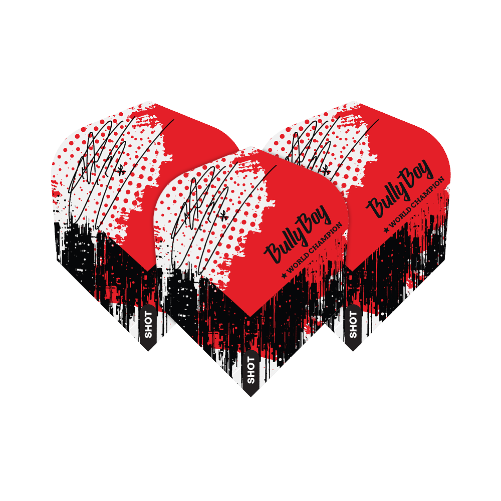 Das Bild zeigt drei Dart-Flights mit einem roten, weißen und schwarzen Farbmuster. Auf den Flights steht „Bully Boy ★ WORLD CHAMPION“ und „SHOT“.