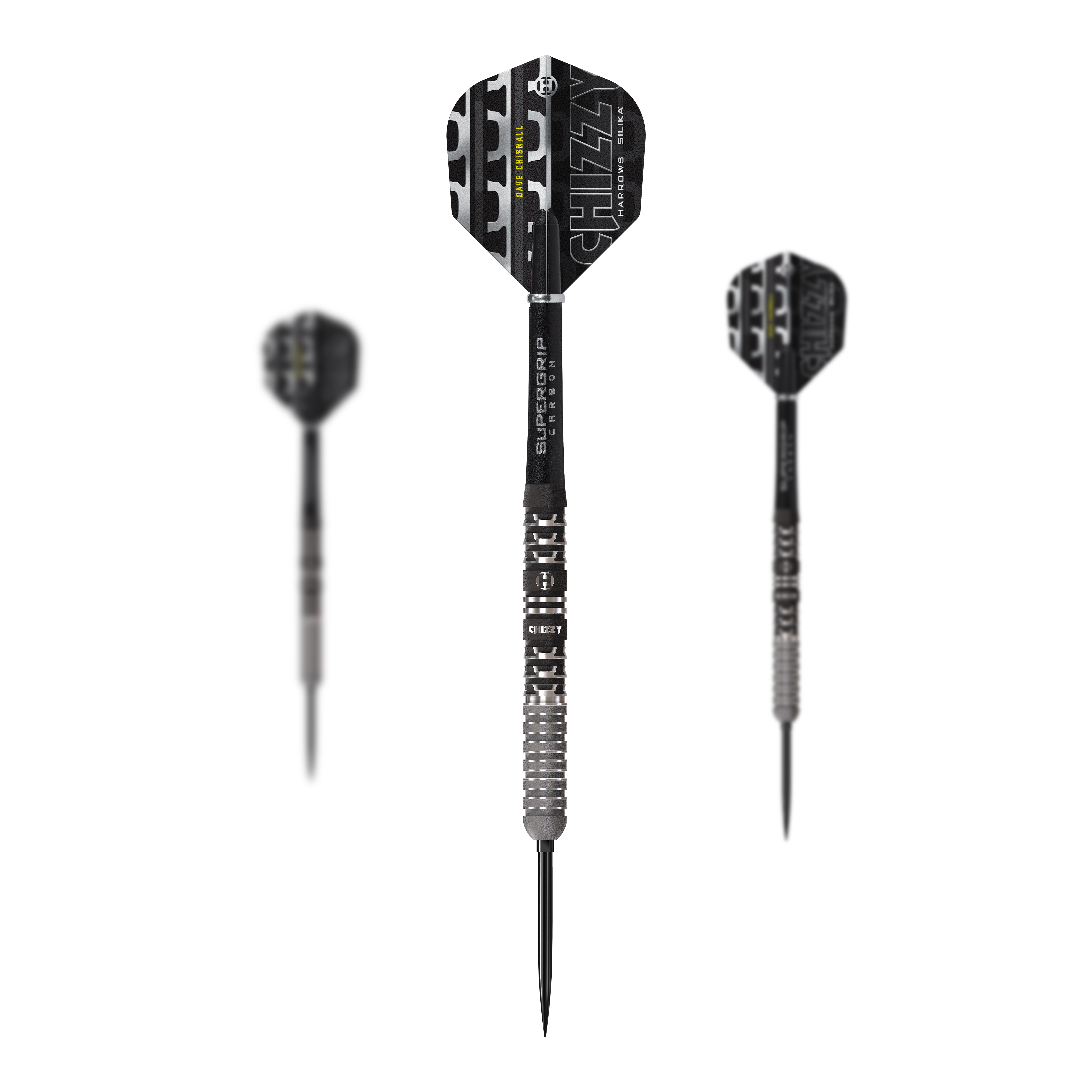Abgebildet sind die Harrows Dave Chisnall Chizzy Series 4 Quick Point Steeldarts. Diese Steeldarts sind für Präzision und Leistung bekannt.