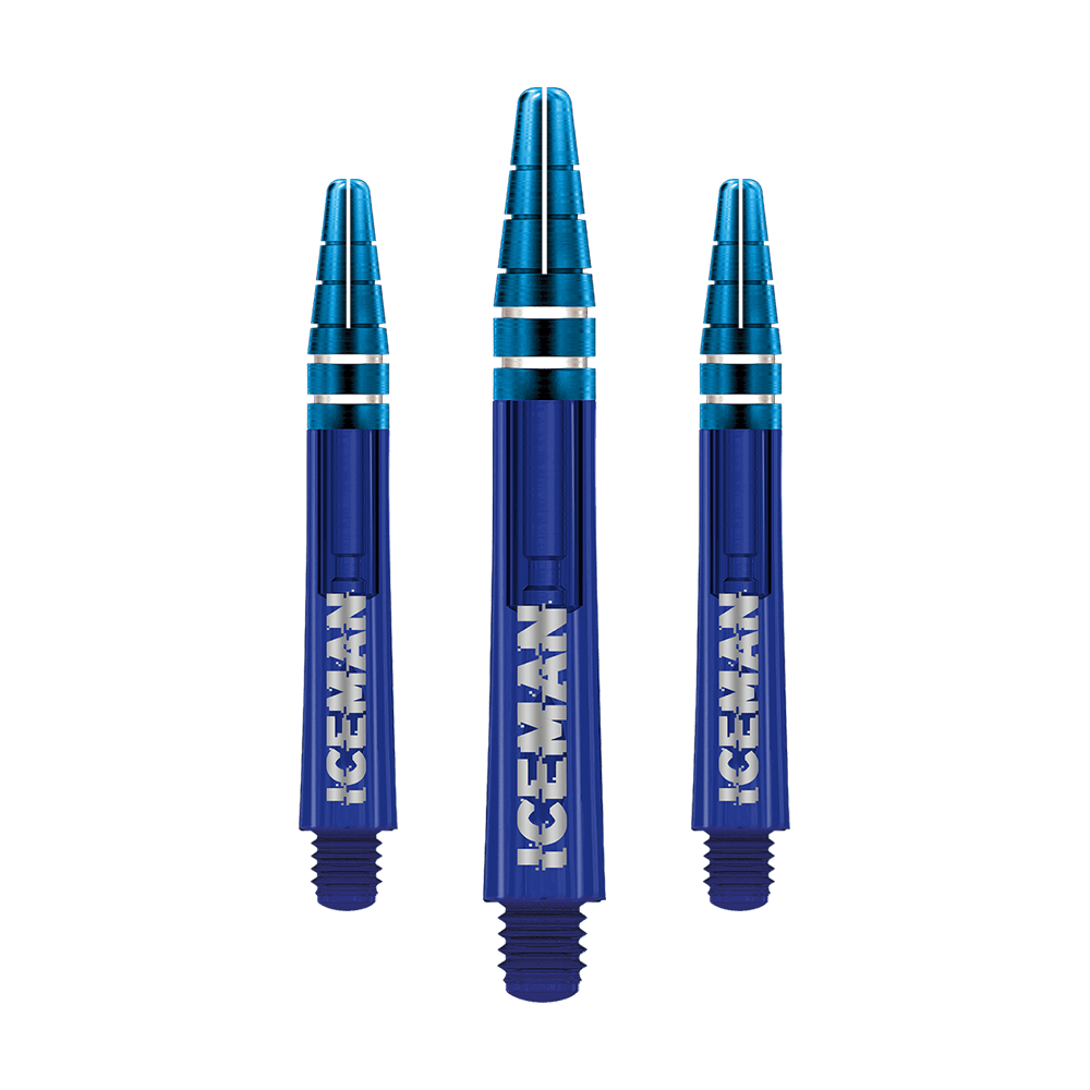C810_Red_Dragon_Nitrotech_Gerwyn_Price_Blue_Shafts_36mm_1 Das Bild zeigt drei blaue Dartschäfte mit silbernen Ringen. Auf jedem Schaft steht in weißer Schrift das Wort "ICEMAN".