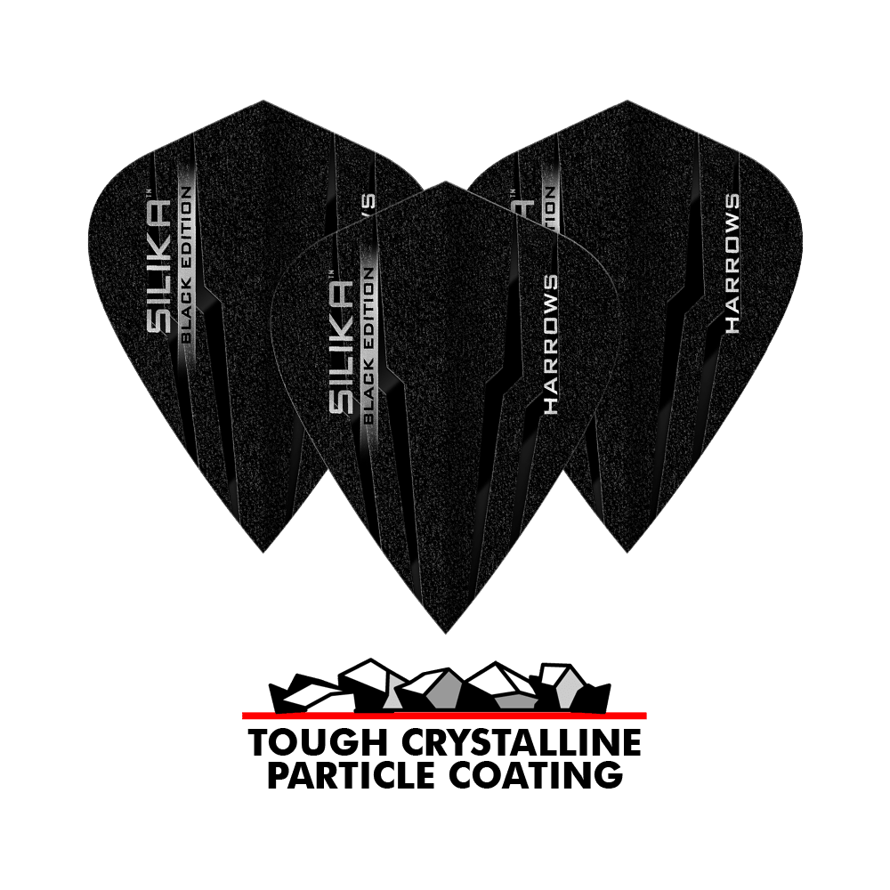 Harrows Silika Black Edition Kite Flights Das Bild zeigt drei schwarze Harrows Silika Black-Edition Kite Flights mit glänzender Beschriftung. Darunter steht „Tough Crystalline Particle Coating“ mit einer Grafik von Kristallen.