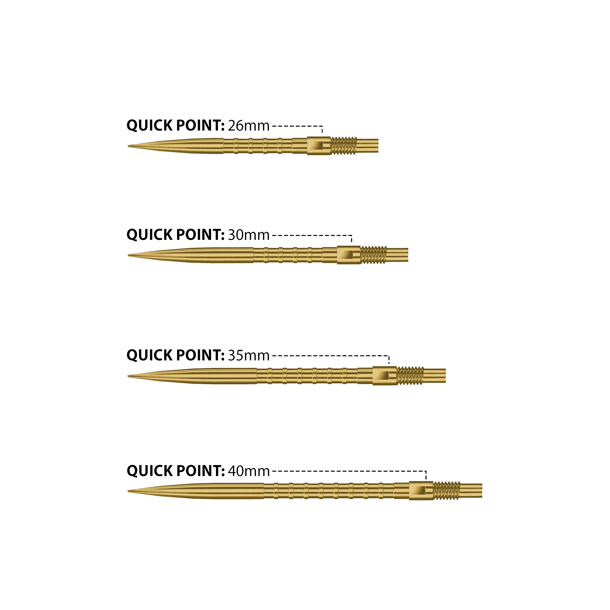 Harrows Quick Point Heavy Metal Dart Tips - Gold Abgebildet sind Harrows Quick Point Heavy Metal Dartspitzen in Gold. Sie zeichnen sich durch ihre goldene Farbe und hohe Qualität aus.