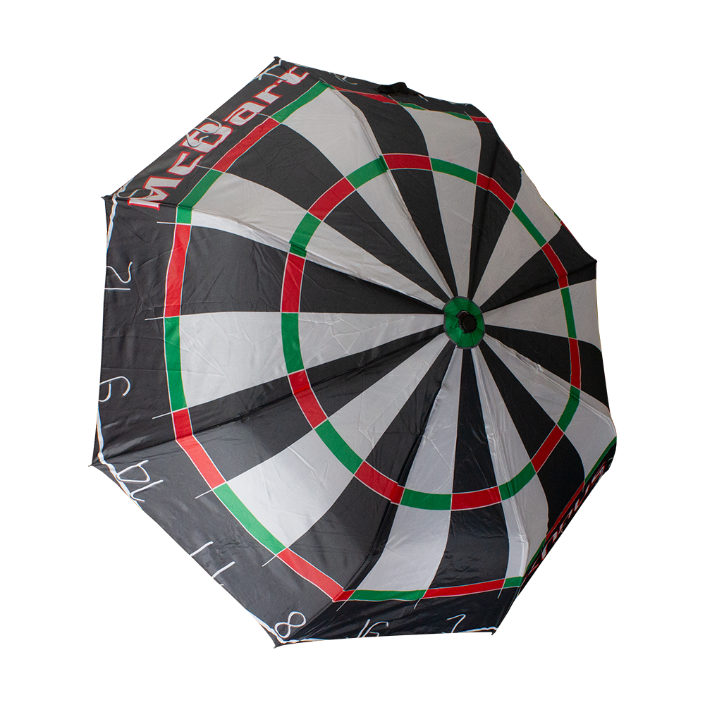Auf dem Bild ist ein Regenschirm zu sehen, dessen Design wie eine Dartscheibe aussieht. Auf dem Schirm steht der Schriftzug „McDart“.