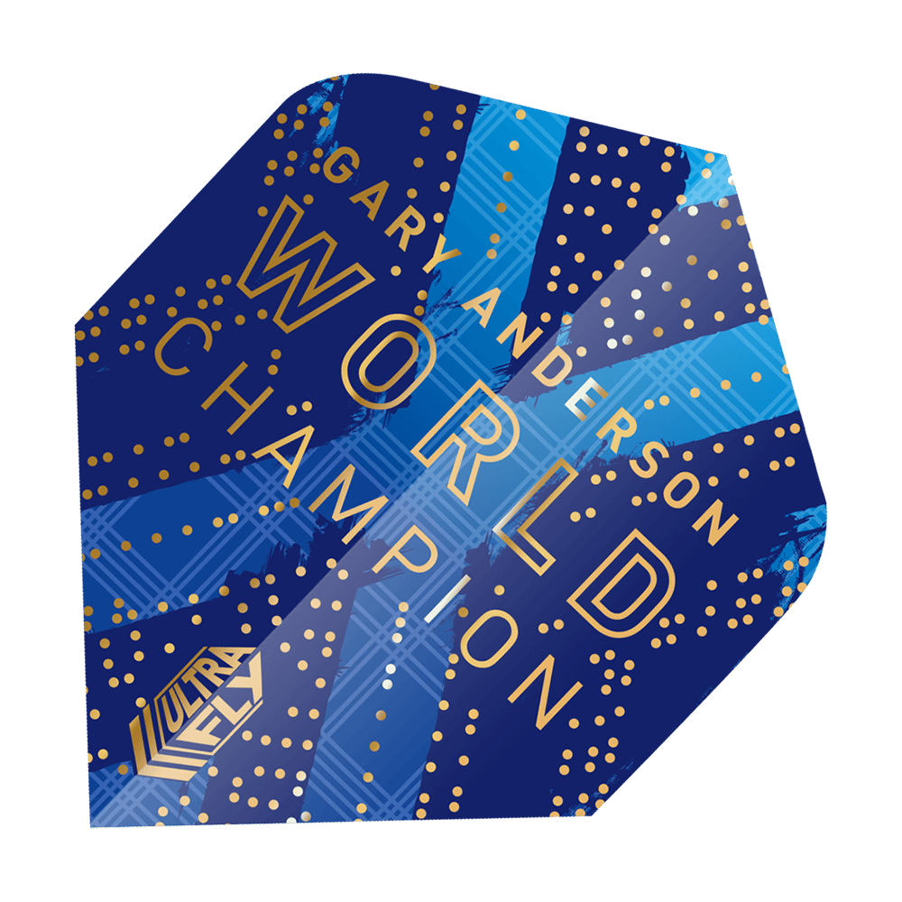 69451_Unicorn_World_Champion_Gary_Anderson_Phase_6_Plus_Flights_2 Das Bild zeigt einen blauen Dartflug mit goldenen Punkten und der Aufschrift "Gary Anderson World Champion". In der Ecke ist auch das Logo "Ultra Fly" zu sehen.