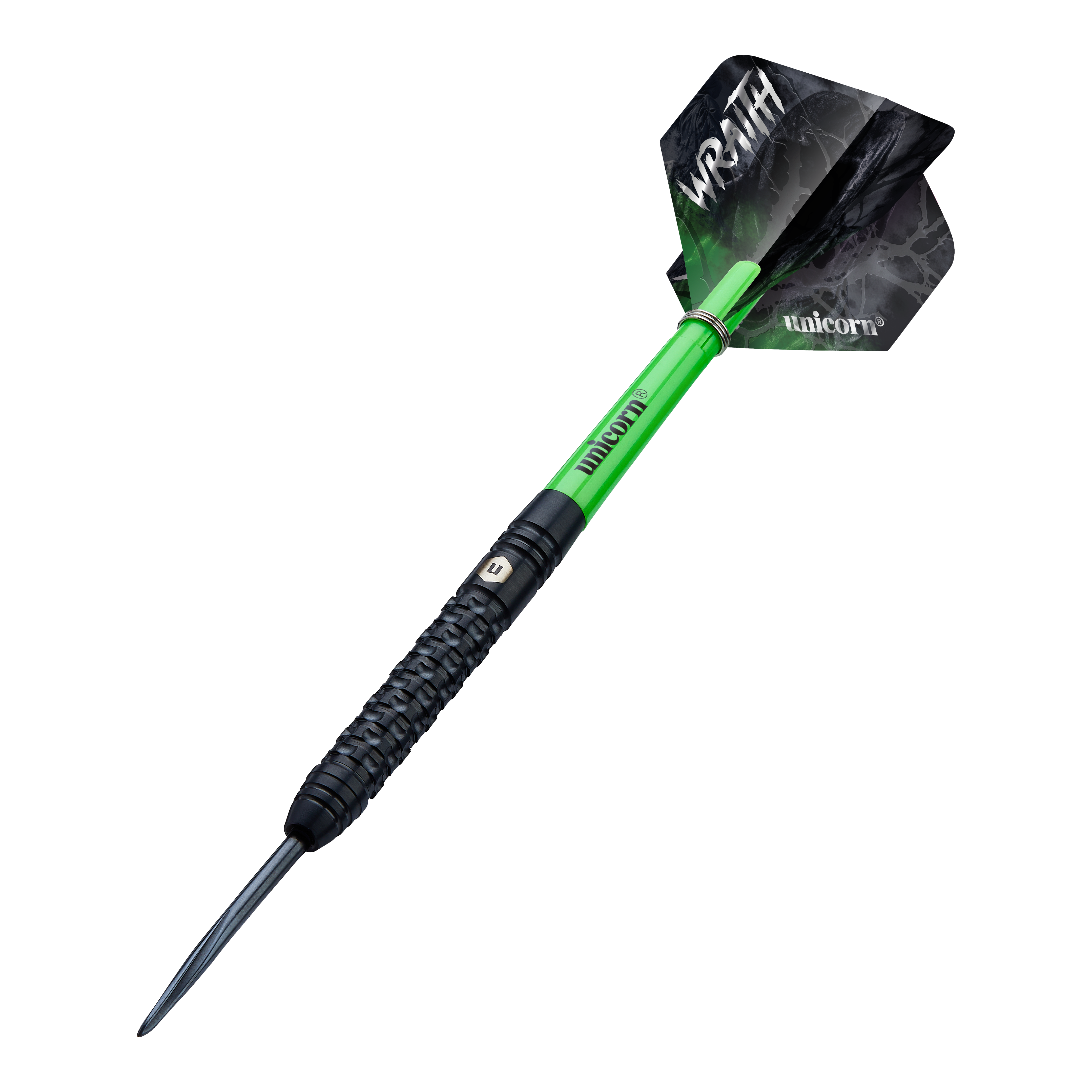 Unicorn Wraith steel darts Das Bild zeigt einen Unicorn Wraith Steeldart mit einem schwarzen und grünen Design. Auf den Flights stehen die Wörter "WRAITH" und "unicorn".