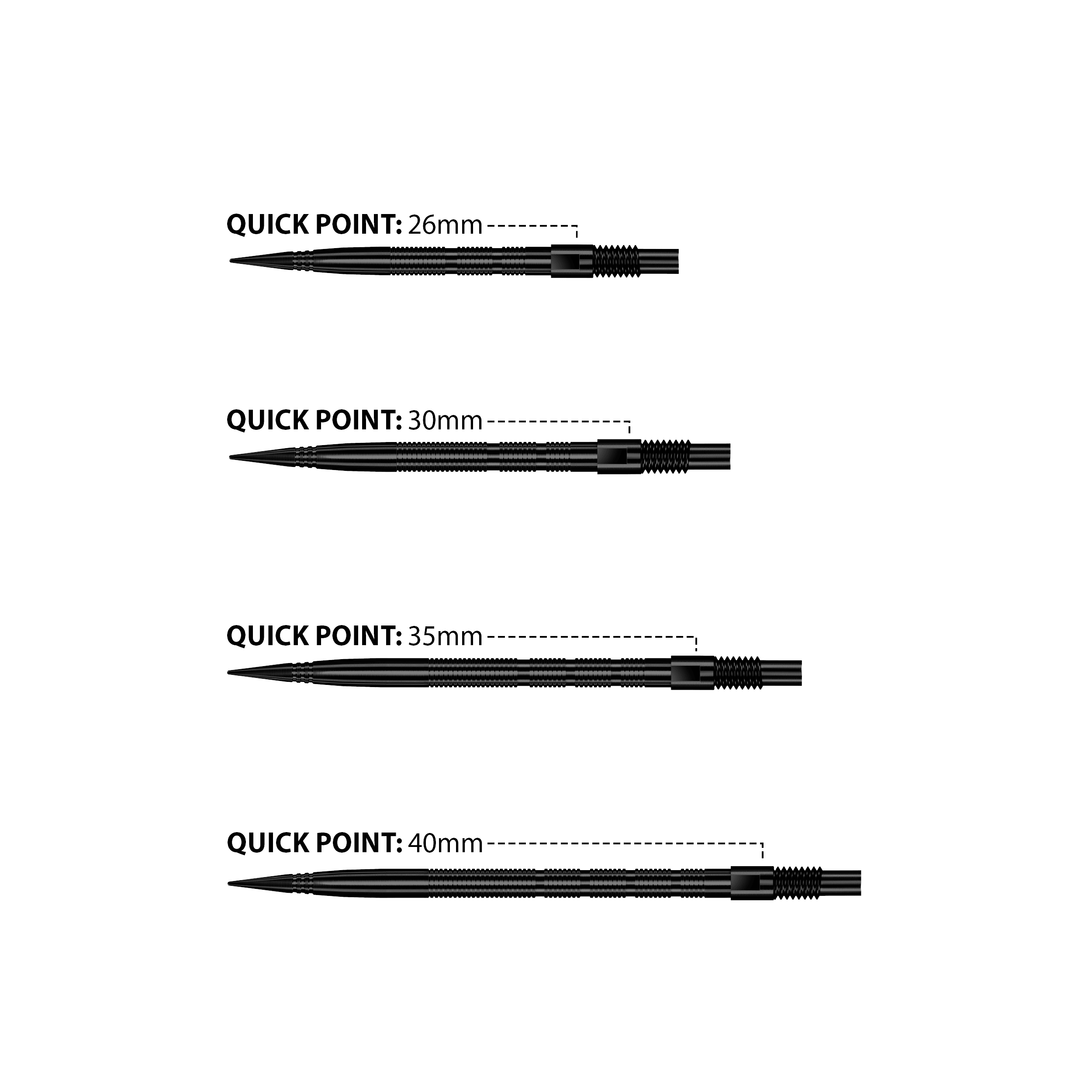 Das Bild zeigt Harrows Quick Point Micro Ridge Dartspitzen in Schwarz. Die Dartspitzen sind schlank und für präzises Werfen geeignet.