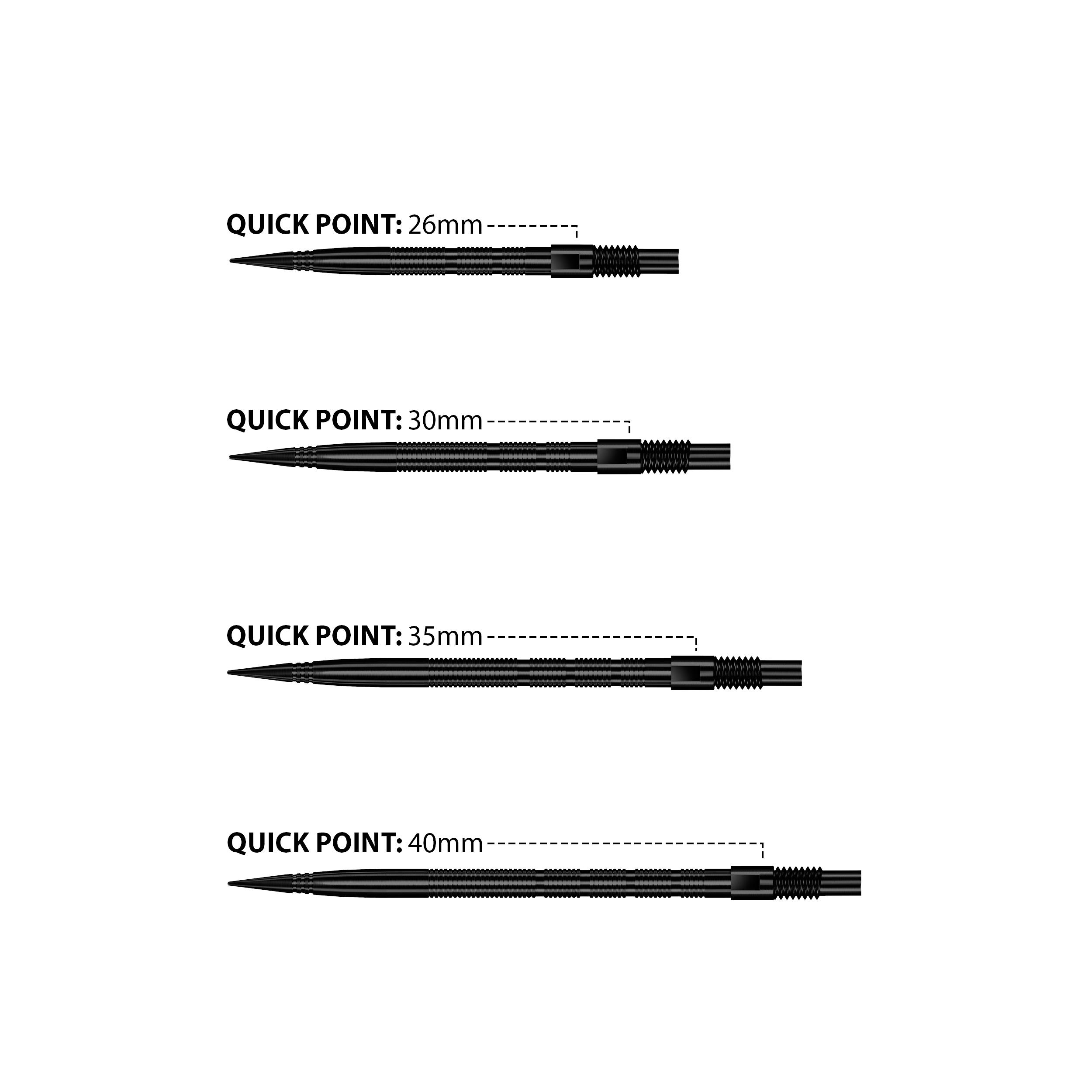 Harrows Quick Point Micro Ridge Dart Tips - Black Das Bild zeigt Harrows Quick Point Micro Ridge Dartspitzen in Schwarz. Die Dartspitzen sind schlank und für präzises Werfen geeignet.