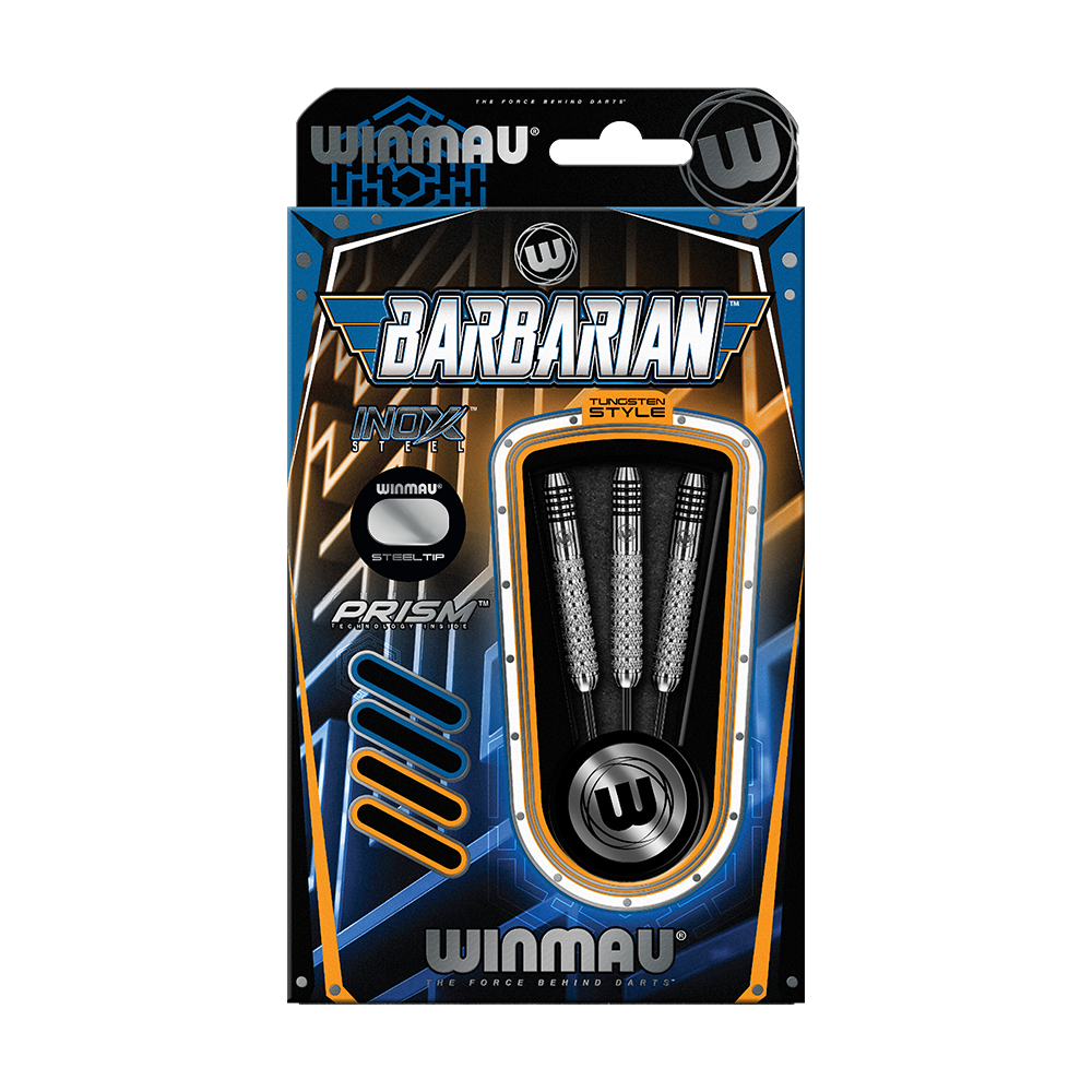 2302_Winmau_Barbarian_Tungsten_Style_Steeldarts_3 Auf dem Bild ist eine Verpackung der "Winmau Barbarian Tungsten Style Steeldarts" zu sehen. In der Packung befinden sich drei silberfarbene Stahldarts.