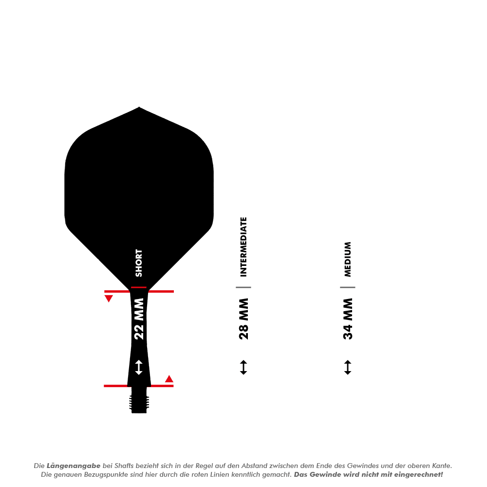 Winmau Fusion Flight Shaft System No6 Neon Yellow Das Bild zeigt die Längenangaben für verschiedene Dartshafts, wobei der kurze Shaft mit 22 mm gekennzeichnet ist. Außerdem sind die Längen für "Intermediate" mit 28 mm und "Medium" mit 34 mm dargestellt.