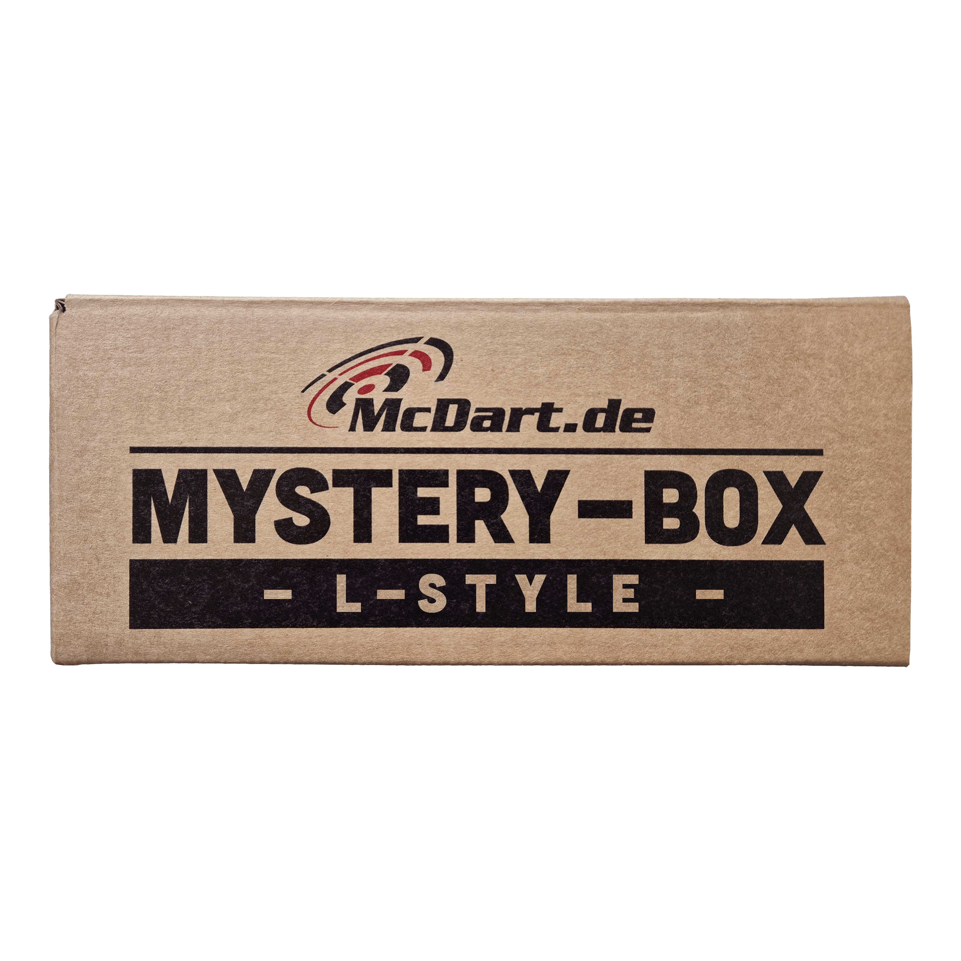 McDart Mystery Box - L-Style Auf dem Bild ist eine braune Box mit der Aufschrift "McDart.de Mystery-Box - L-Style -" zu sehen. Die Box sieht verschlossen aus und weckt Neugier auf den Inhalt.