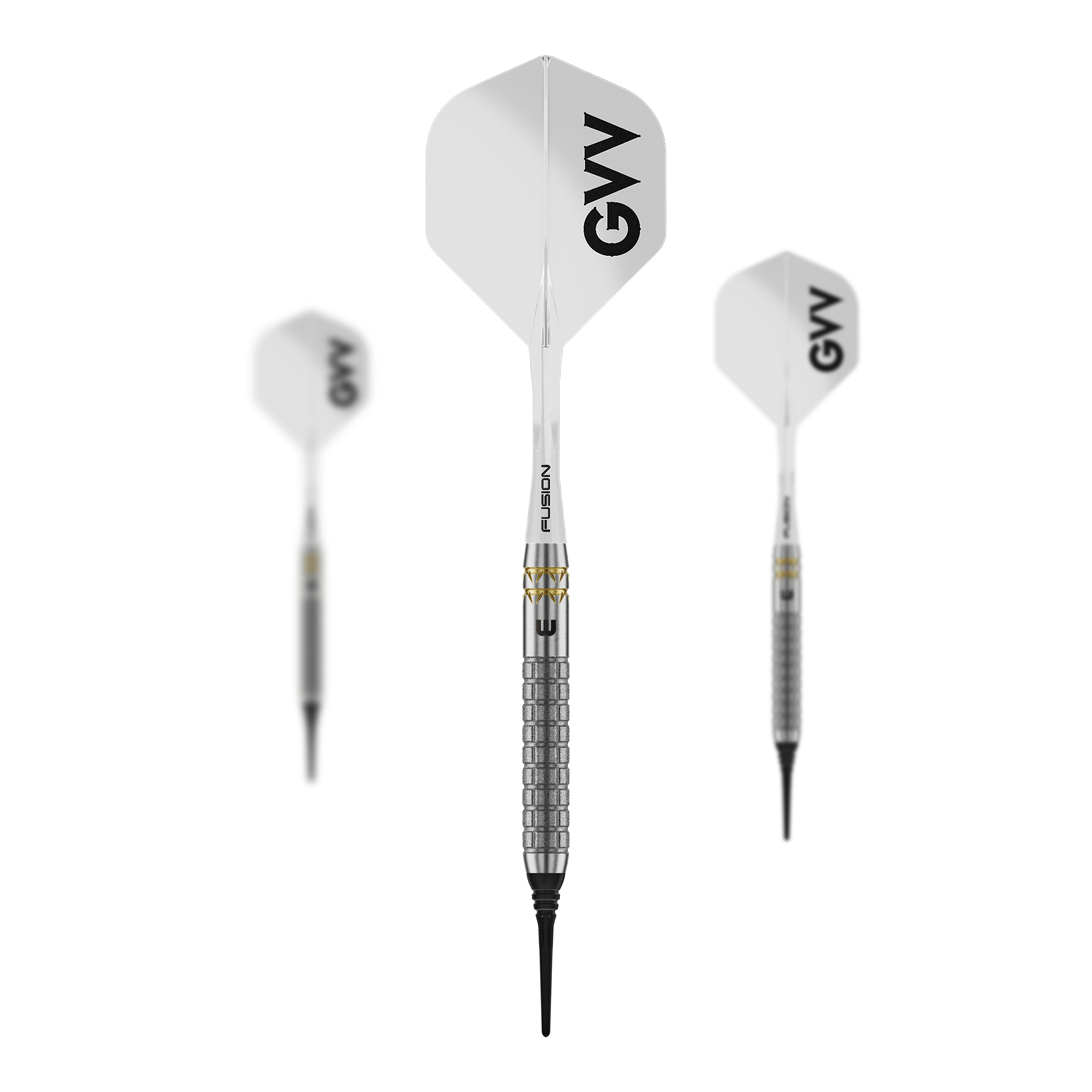 Winmau Gian Van Veen W-MAX soft darts - 18g Auf dem Bild ist ein Set Winmau Gian Van Veen W-MAX Softdarts - 18g zu sehen. Drei Darts und das Zubehör sind abgebildet.