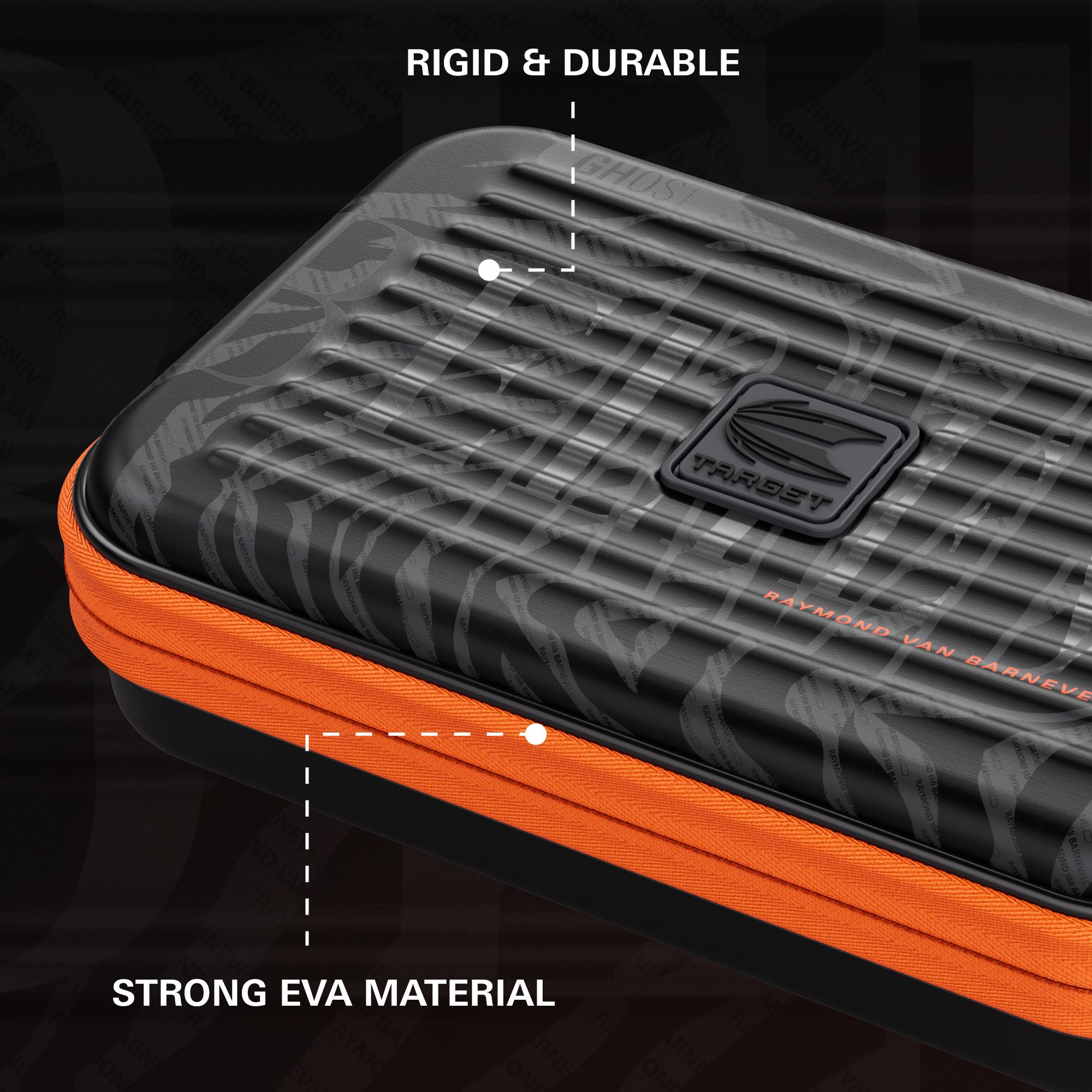 Das Bild zeigt das Takoma XL Ghost Series Raymond Van Barneveld Dartcase. Das Dartcase dient zur sicheren Aufbewahrung von Dartpfeilen.