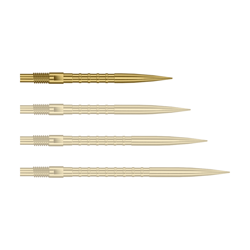 Harrows Quick Point Heavy Metal Dart Tips - Gold Das Bild zeigt Dartspitzen mit starkem Metallgriff in goldener Farbe und 26mm Länge. Das Produkt ist Harrows Quick Point Heavy Metal Grip Dartspitzen Gold 26mm.