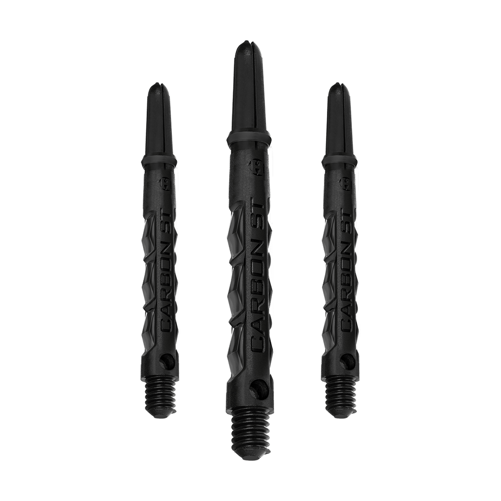 HR436_Harrows_Carbon_ST_Shafts_Schwarz_47mm_1 Das Bild zeigt drei schwarze Harrows Carbon ST Shafts. Sie sind Dartschäfte mit einem modernen, robusten Design.