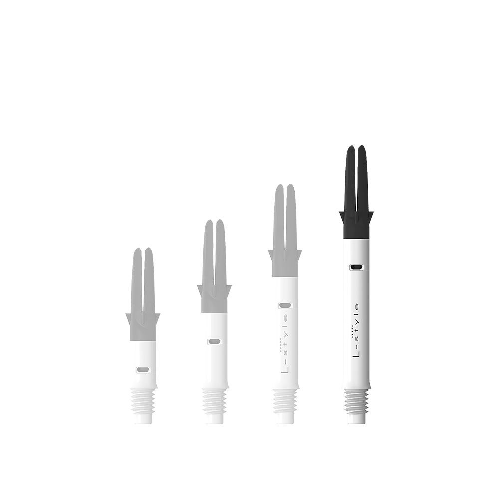 Das Bild zeigt den L-Style L-Shaft Carbon Silent Straight in Weiß, Modell 330. Der Artikel ist ein stabiler Schaft für Dartpfeile.