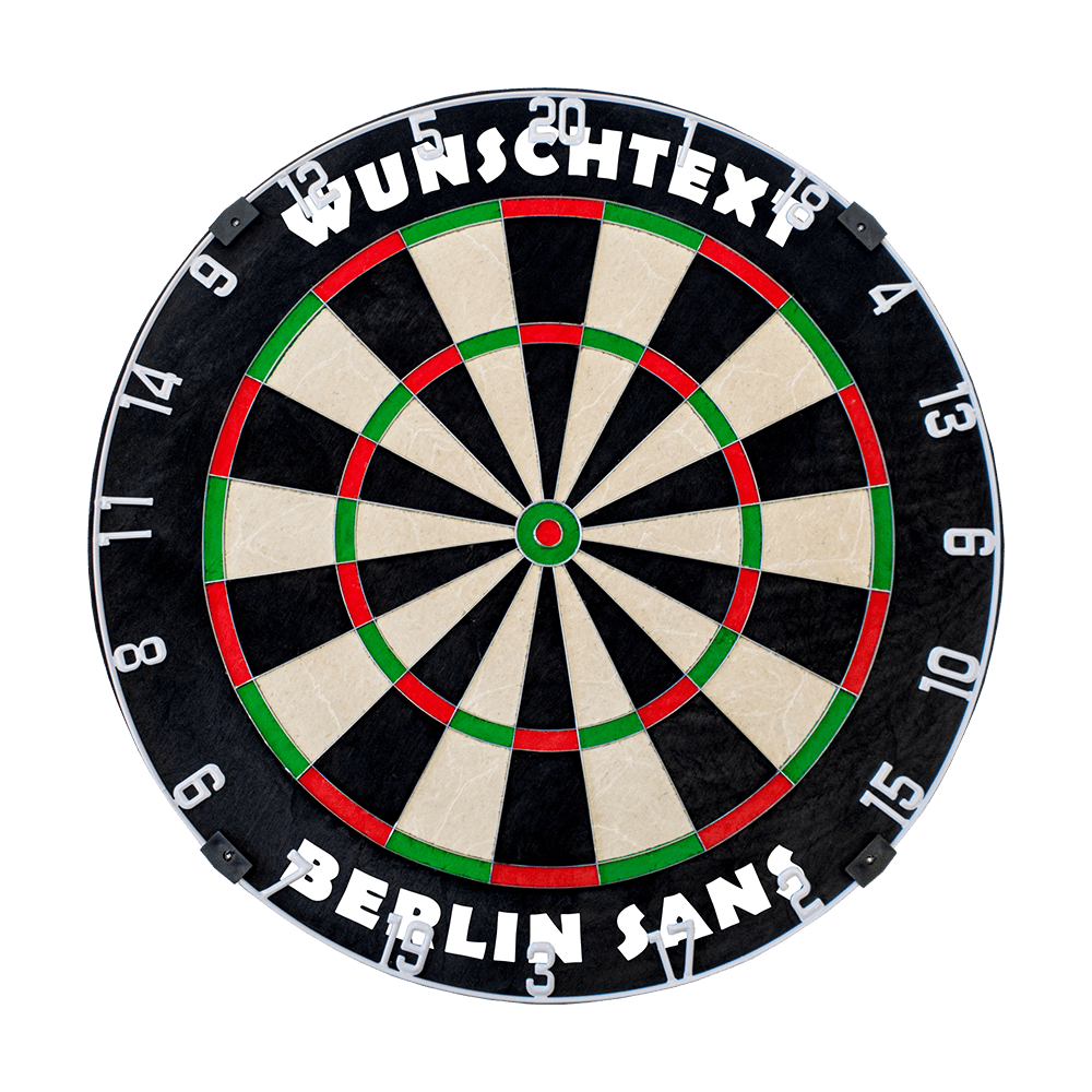 MCDB_Dartboard_mit_Wunschtext_HD_1_BerlinSans Das Bild zeigt eine runde Dartscheibe mit den typischen farbigen Segmenten. Oben steht in weißen Buchstaben "WUNSCHTEXT" und unten "BERLIN SANS".