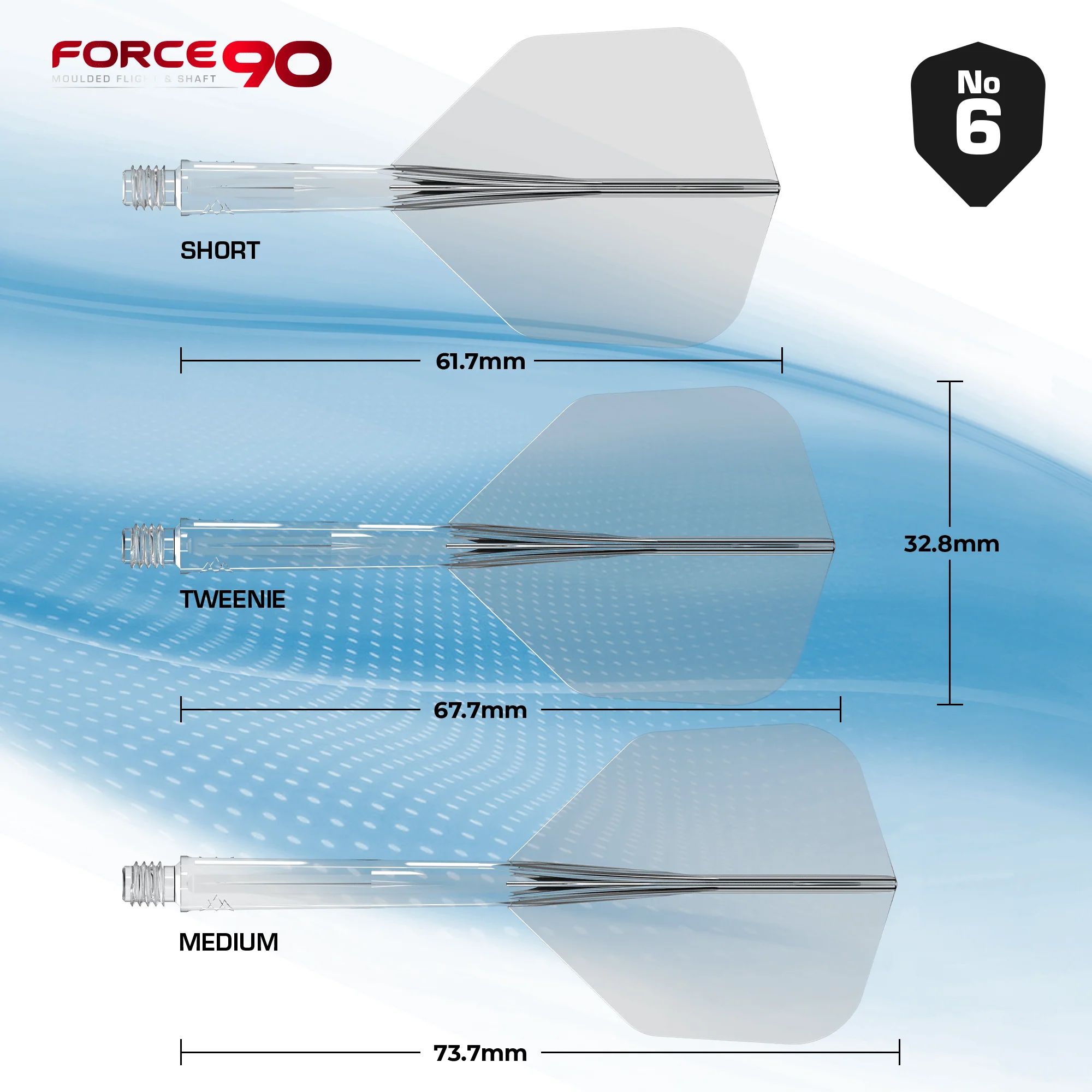 Mission Force 90 No6 Flight Shaft System - Black Das Bild zeigt das Produkt "Mission Force 90 No6 Flight-Shaft-System - Clear" in drei verschiedenen Längen: Short, Tweenie und Medium. Die jeweiligen Längen sind 61,7 mm, 67,7 mm und 73,7 mm, mit einer Flügelhöhe von 32,8 mm.
