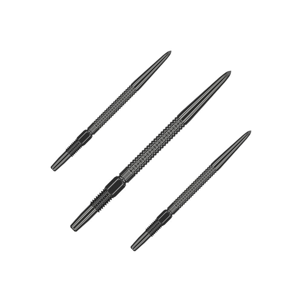Target Swiss Point Nano Dartspitzen - Black Das Bild zeigt drei schwarze Dartspitzen des Produkts "Target Swiss Point GRD Black Dartspitzen". Die Spitzen haben eine strukturierte Oberfläche für besseren Halt.