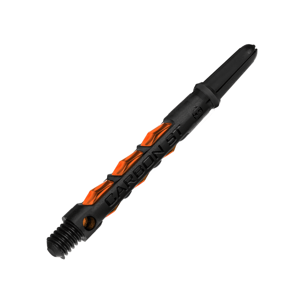 HR430_Harrows_Carbon_ST_Shafts_Orange_47mm_2 Auf dem Bild ist ein Harrows Carbon ST Shaft in Orange zu sehen. Der Schaft ist schwarz mit auffälligen orangefarbenen Akzenten gestaltet.