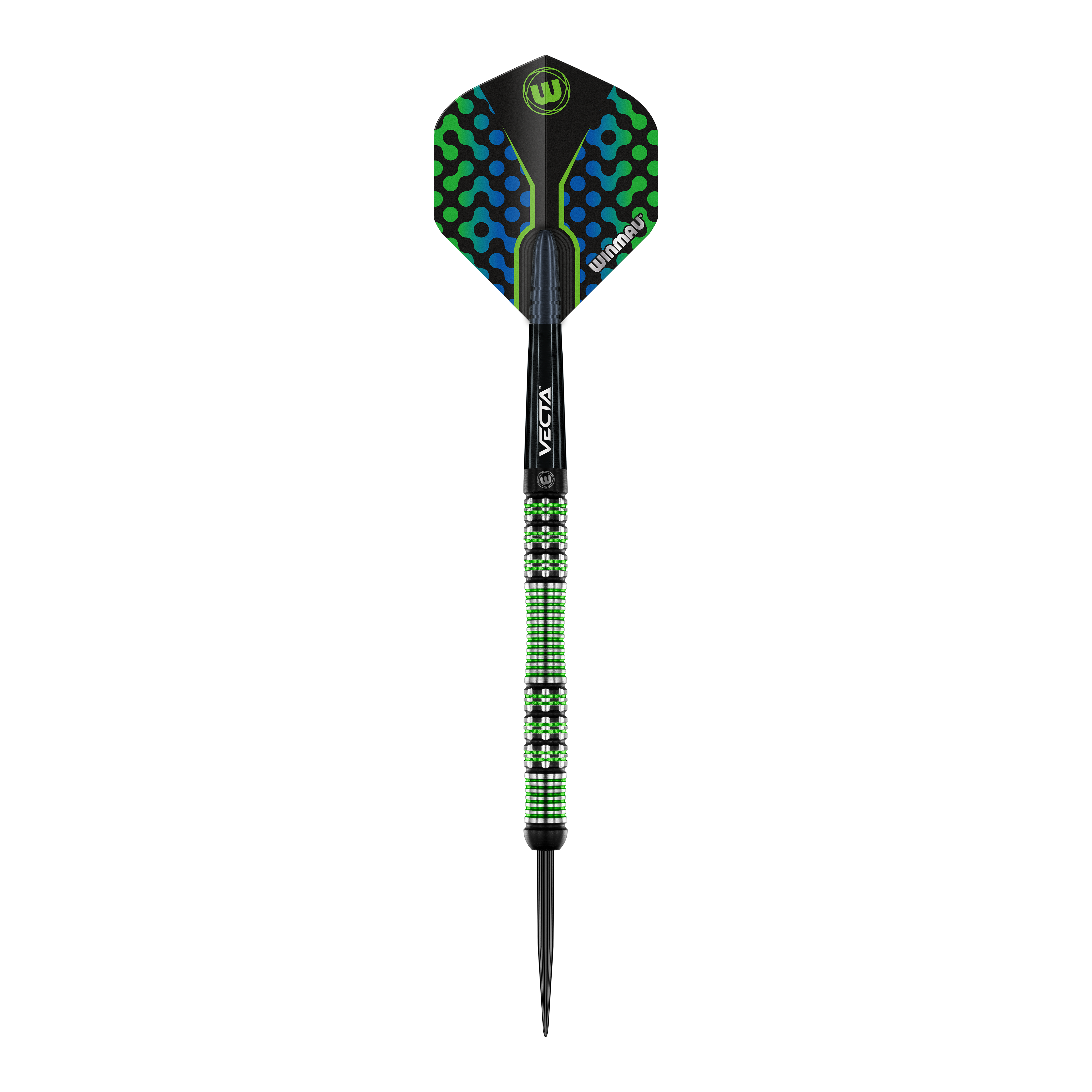 Winmau Brendan Dolan steel darts Das Bild zeigt einen Winmau Brendan Dolan Steeldart. Der Dartpfeil hat ein auffälliges Design mit grünen und blauen Akzenten.