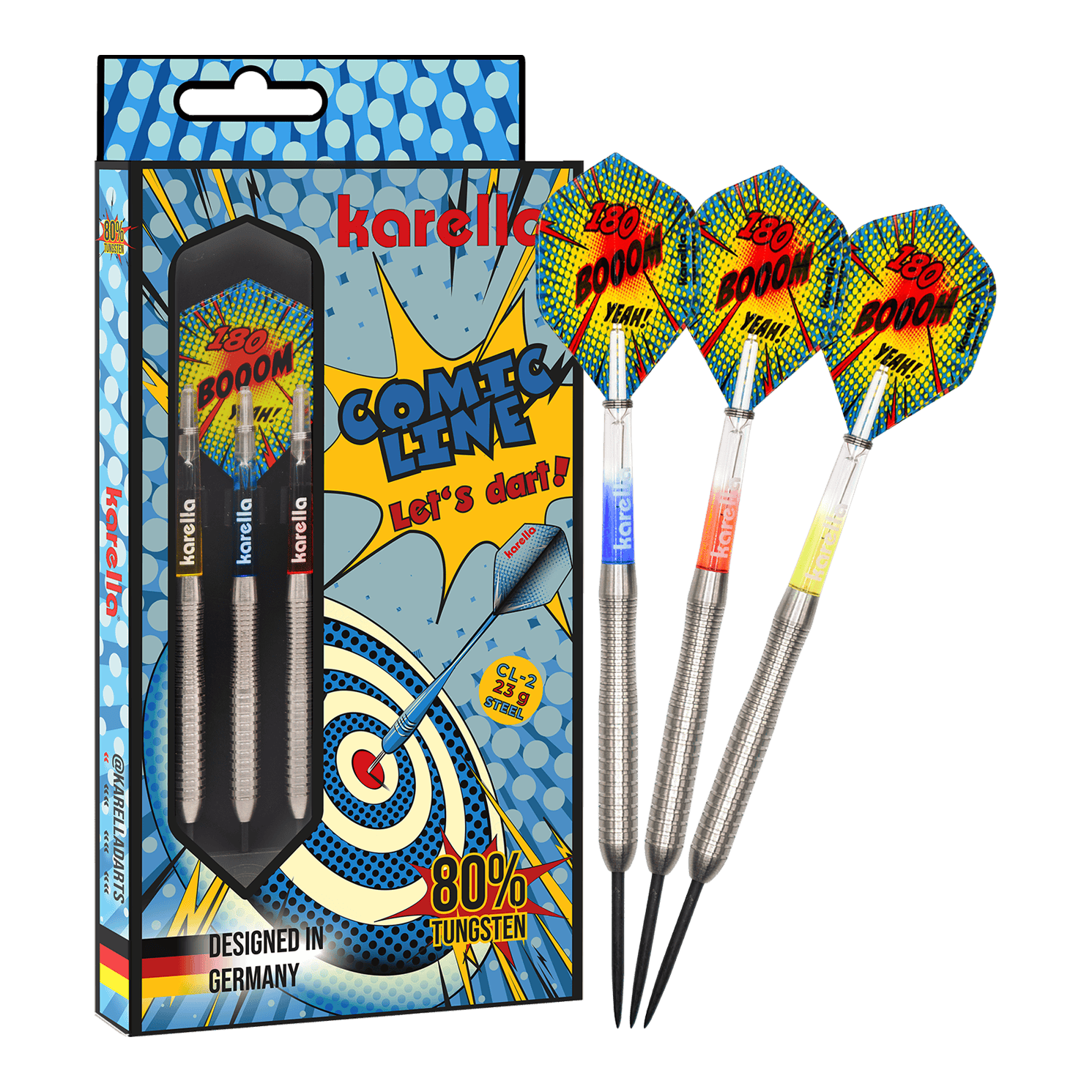 Karella Comic Line CL-2 steel darts - 23g Zu sehen ist das vollständige Set der Karella Comic Line CL-2 Steeldarts in 23g. Die Steeldarts bieten eine gute Balance für ambitionierte Spieler.