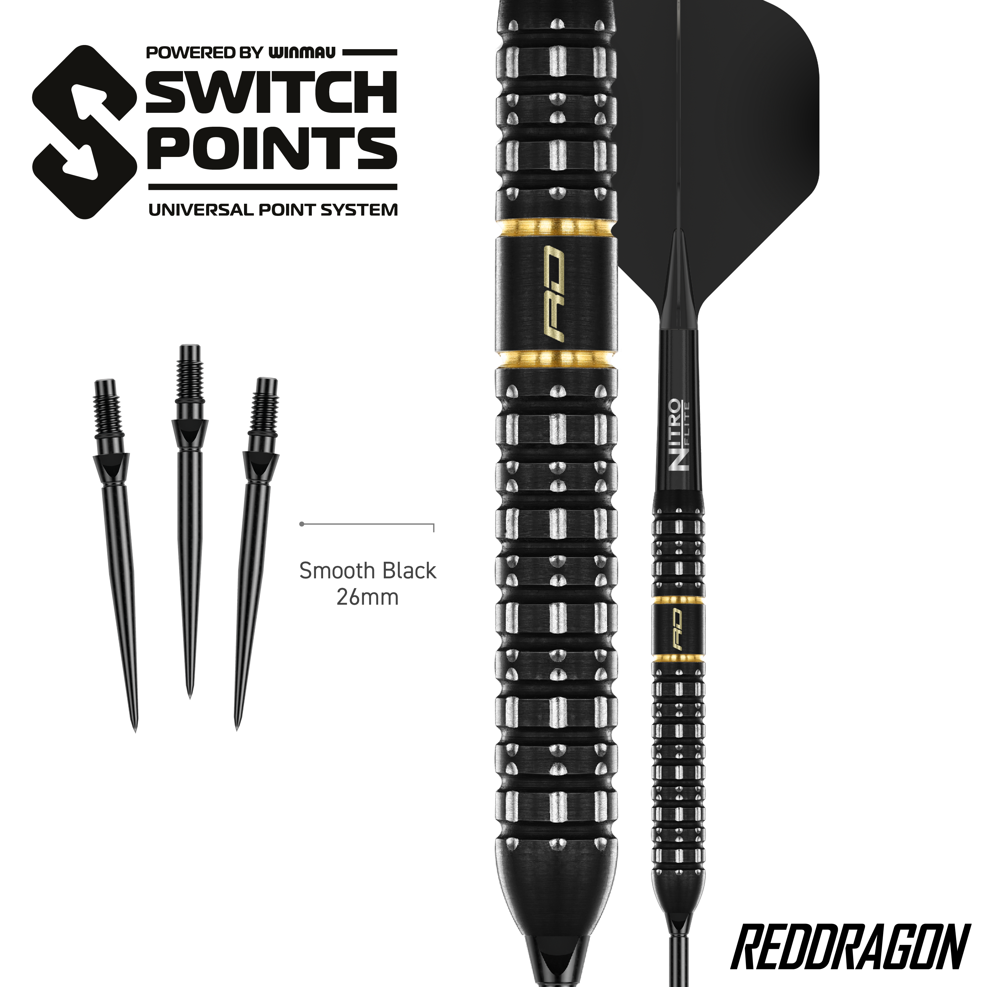Red Dragon Ascend Parallel Switch Point Steeldarts Das Bild zeigt die Red Dragon Ascend Parallel Switch Point Steeldarts. Die Darts sind seitlich abgebildet und zeigen das spezielle Barrel-Design.