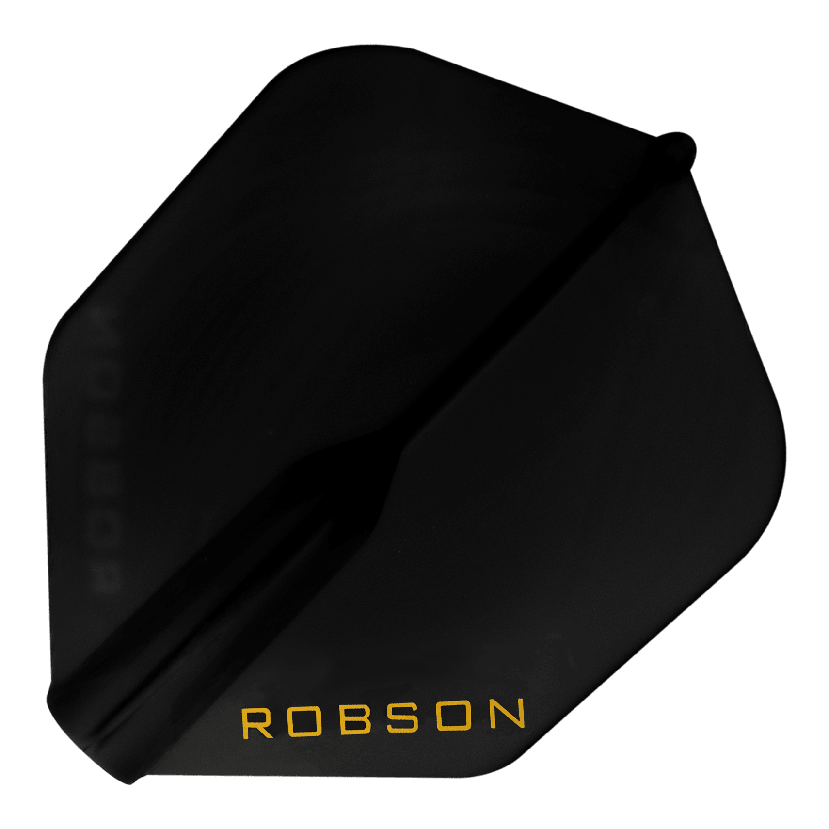 Robson Plus Flights - NO6 Auf dem Bild ist ein schwarzes Dart-Flight zu sehen. In einer Ecke steht das Wort "ROBSON" in gelber Schrift.
