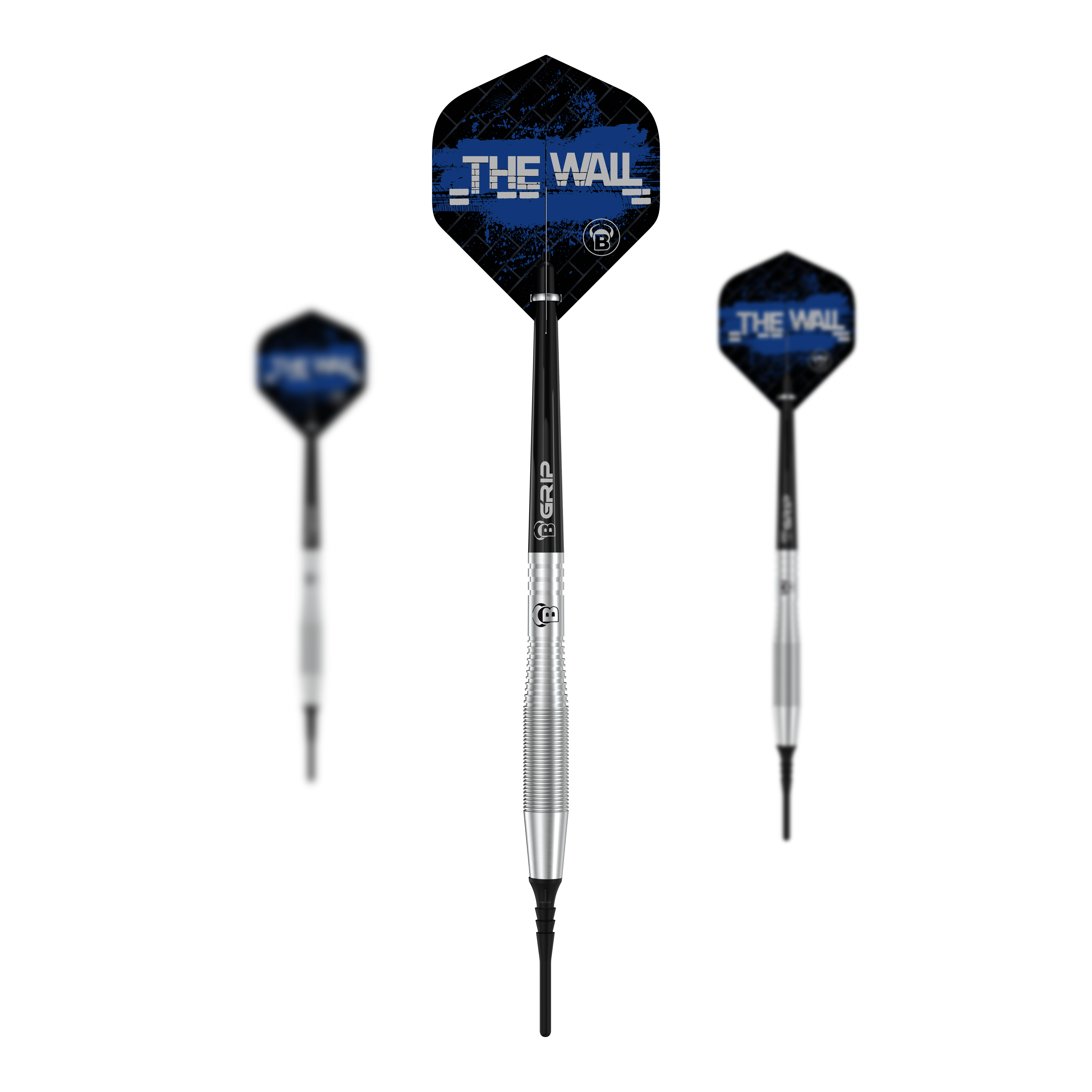 Bulls Martin Schindler TW80 soft darts - 18g Das Bild zeigt drei Softdarts des Modells "Bulls Martin Schindler TW80" mit einem Gewicht von 18g. Die Flights der Darts sind schwarz-blau und tragen die Aufschrift "THE WALL".