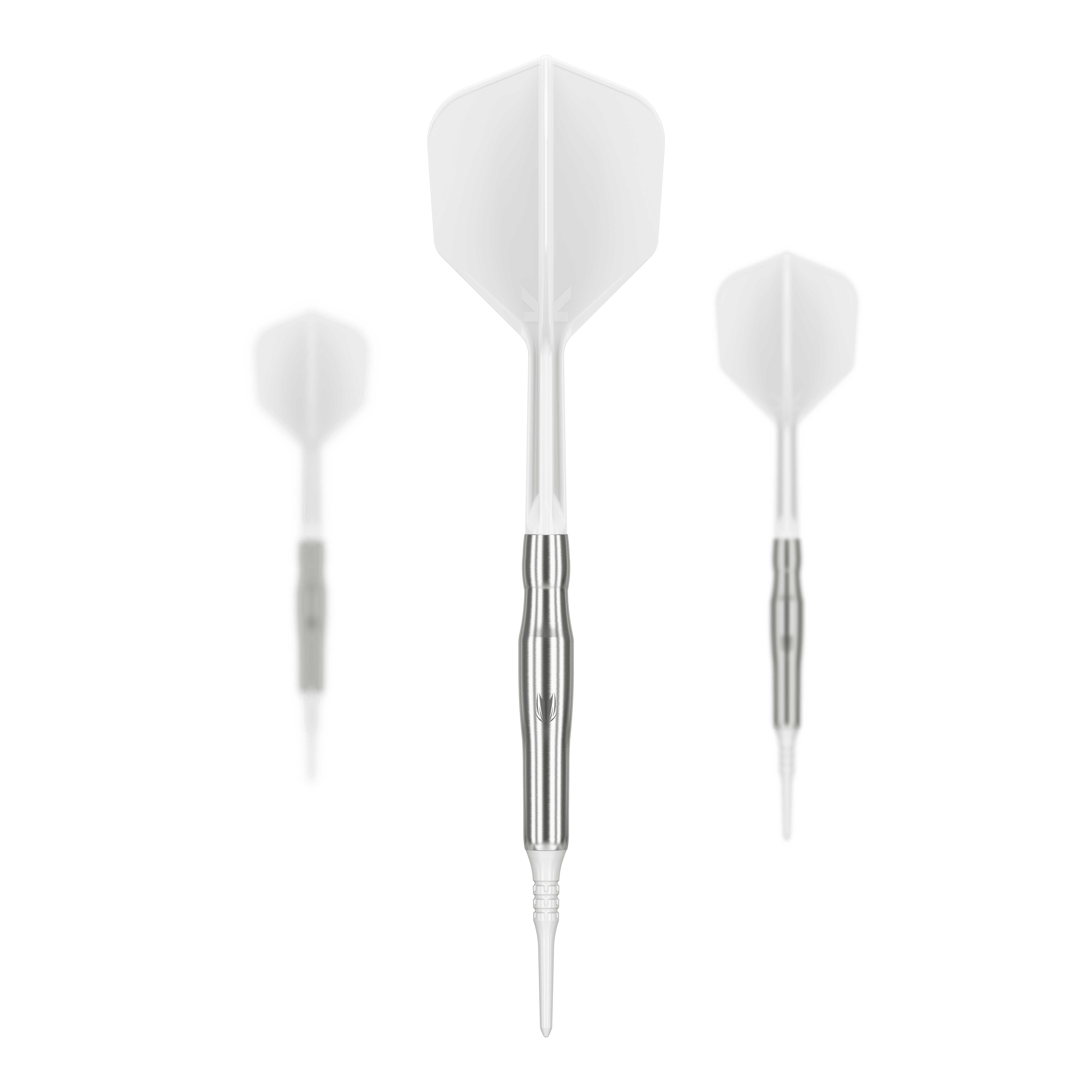 Target Japan Crux Brave Soft Darts - 18.5g Das Bild zeigt drei Softdarts des Produkts "Target Japan Crux Brave Softdarts - 18,5g". Die Darts haben silberne Schäfte und weiße Flights.