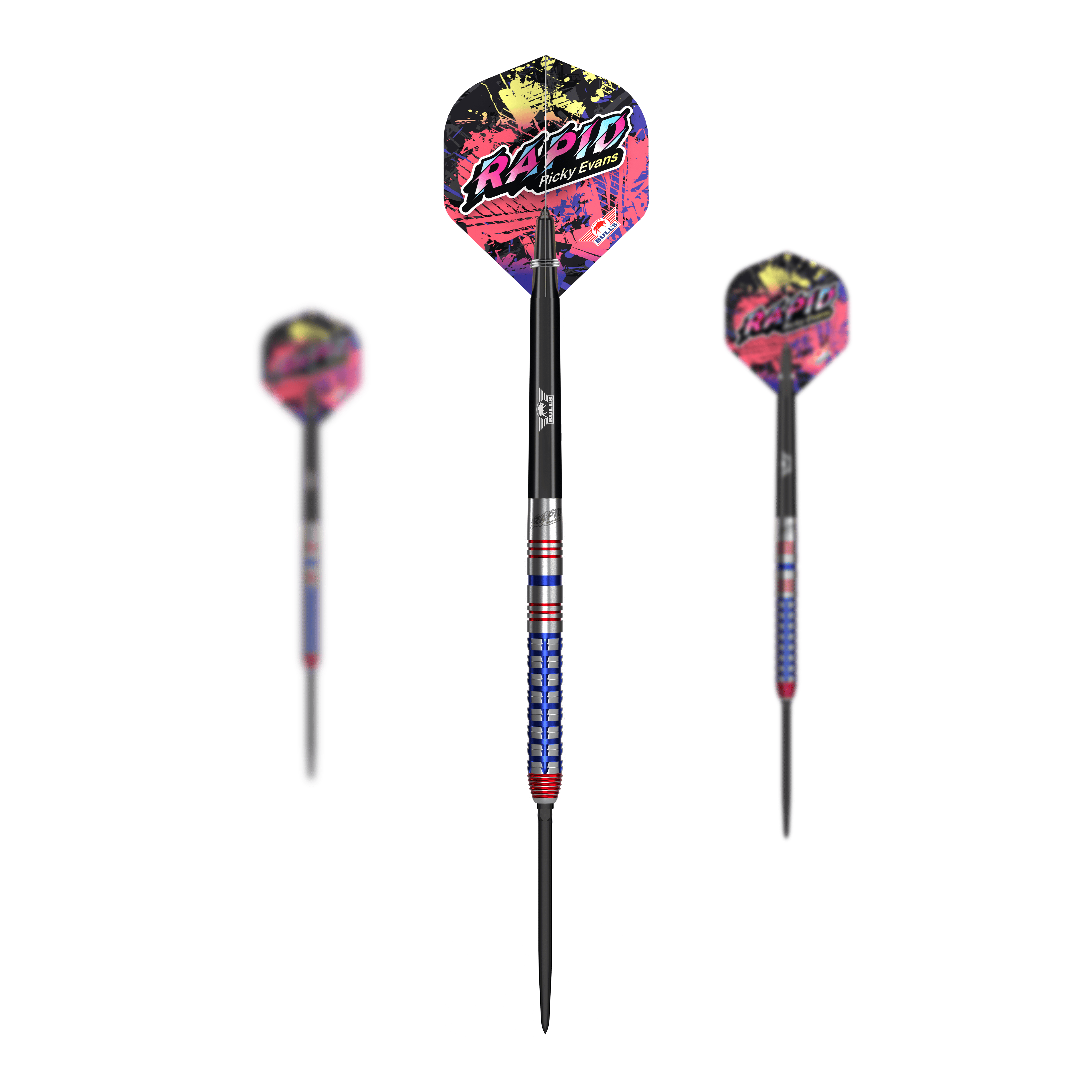 Bulls NL Ricky Evans Rapid Convertible Point Steel Darts Zu sehen ist das Produkt Bulls NL Ricky Evans Rapid Convertible Point Steeldarts. Es werden mehrere Pfeile gezeigt.