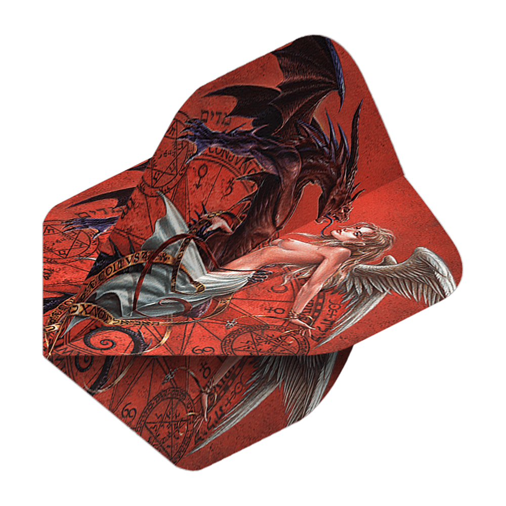 Alchemy Chemical Wedding No2 Standard Flights Das Bild zeigt das Produkt "Alchemy Chemical Wedding No2 Standard Flights". Auf dem Flight ist eine künstlerische Darstellung eines Engels und eines Dämons vor magischen Symbolen zu sehen.