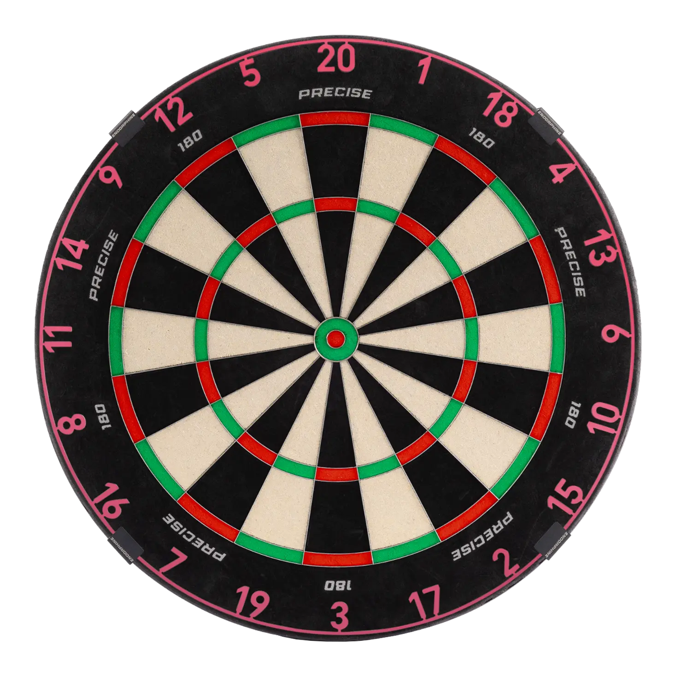 Das Precise 180 Endorphine Steeldartboard mit Nummernring in Cyber Pink ist auf dem Bild dargestellt. Es eignet sich perfekt für anspruchsvolle Dartspieler.