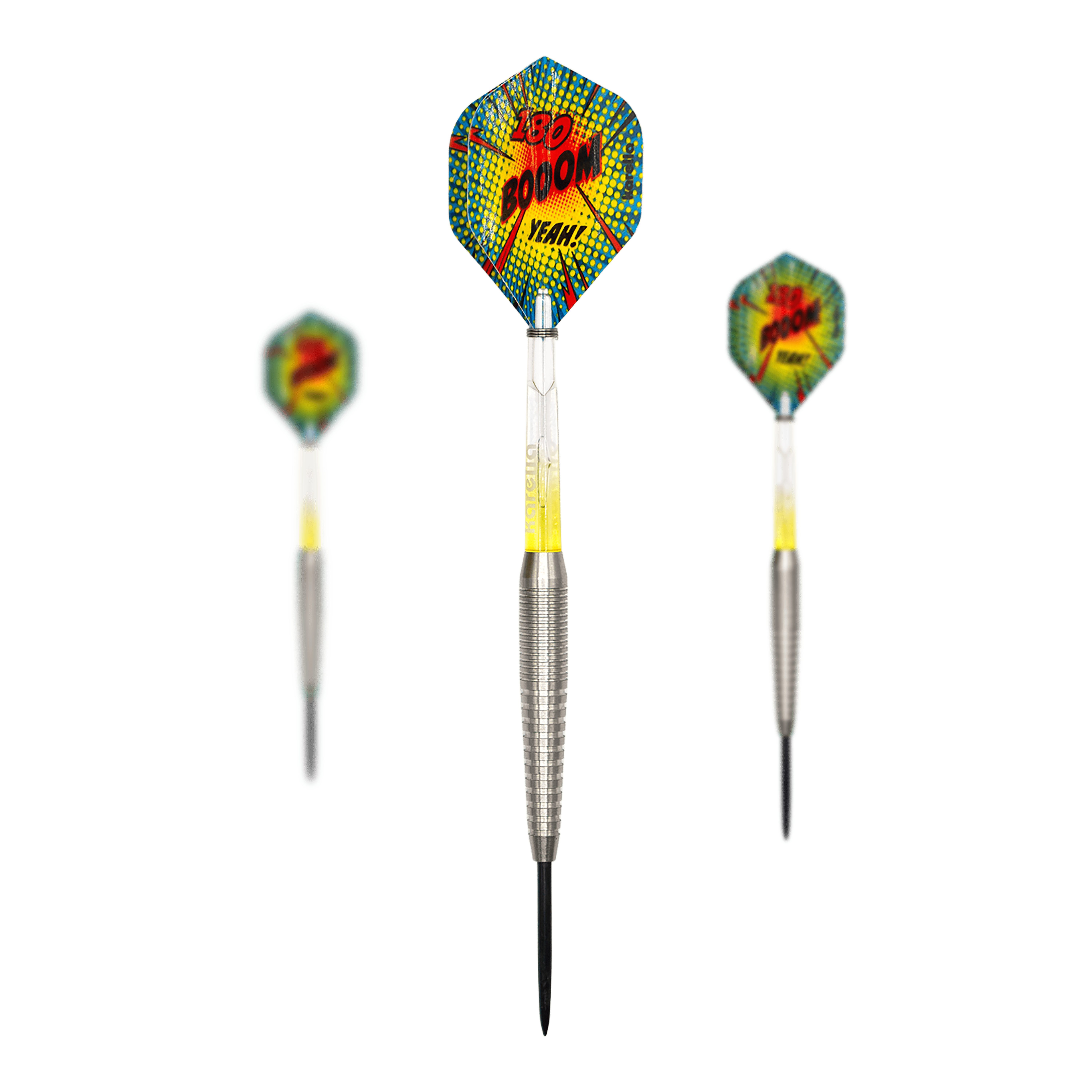 Abgebildet wird das Set Karella Comic Line CL-5 Steeldarts - 21g. Das Set beinhaltet mehrere Steeldarts mit Comic-Motiv.