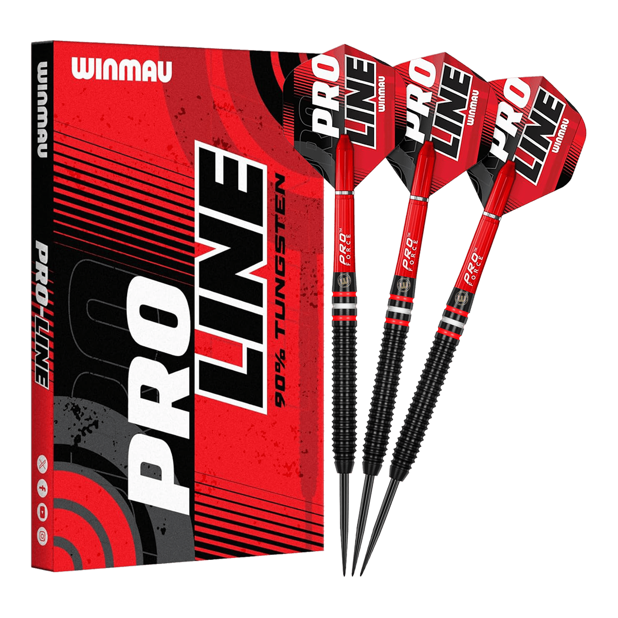 Zu sehen sind die Winmau Pro-Line 90% Steeldarts. Die Darts verfügen über einen hohen Qualitätsstandard und sind für Profis geeignet.