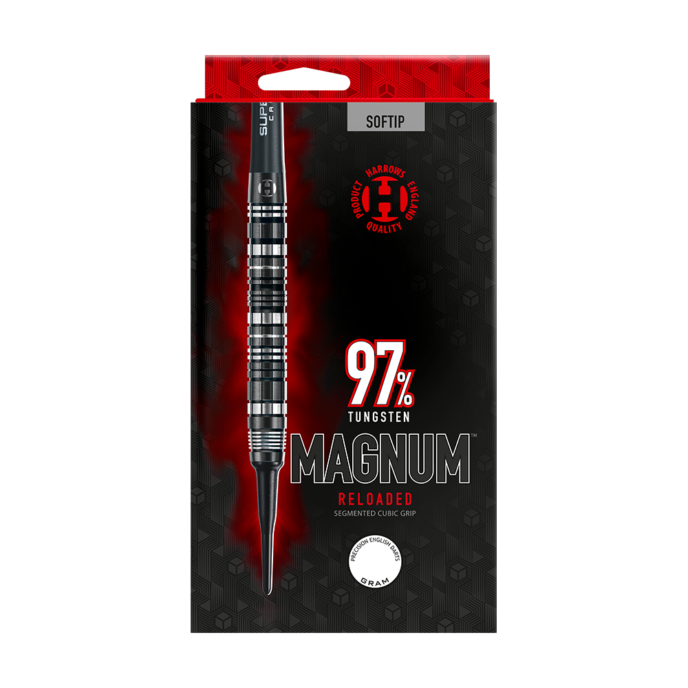 Die Abbildung zeigt die Verpackung der "Harrows Magnum Reloaded Softdarts". Auf der Verpackung steht, dass die Darts aus 97% Tungsten bestehen und einen segmentierten Cubic Grip haben.