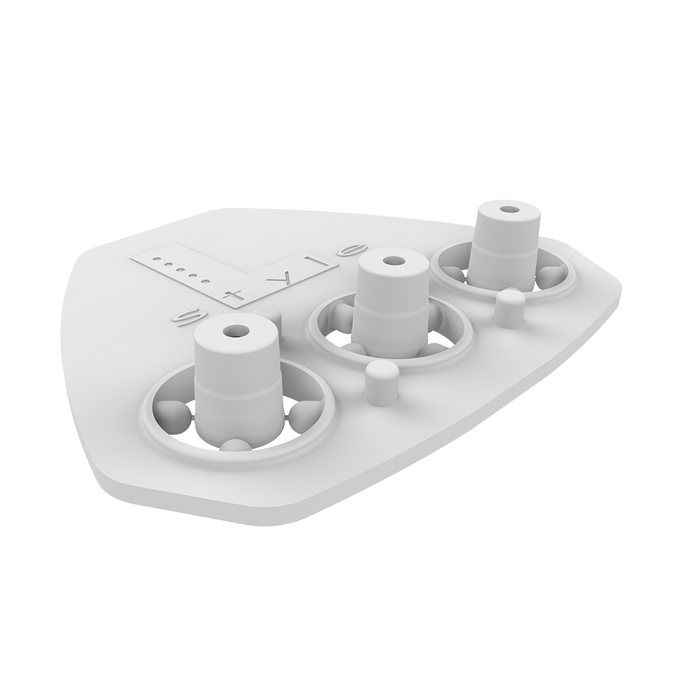 L-Style-GOMU-Shaft-Tightener-1ak1JmeyDC5DXv Das Bild zeigt ein Produkt namens "GOMU L-Shaft Tightener". Es handelt sich um ein kleines, weißes Werkzeug aus Kunststoff mit drei runden Halterungen.