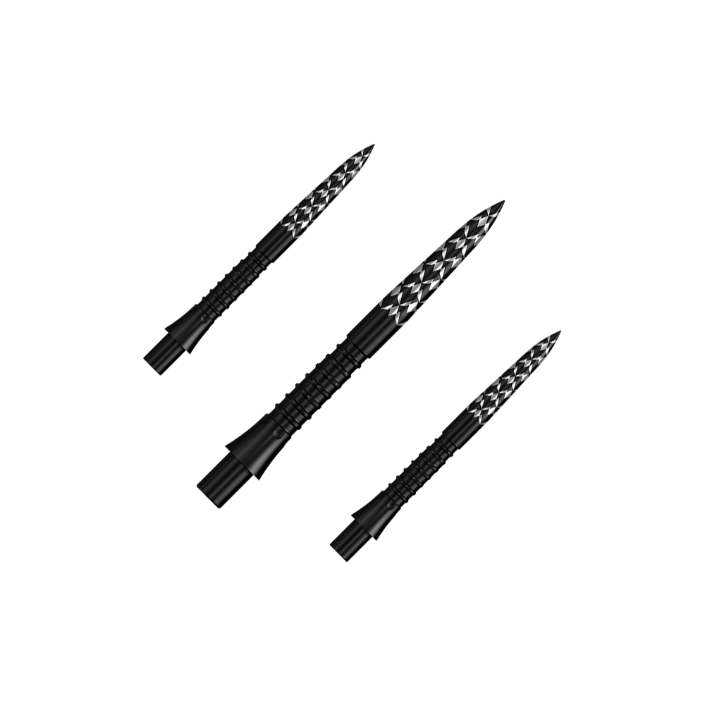 Das Bild zeigt ein Set schwarzer Steeldartspitzen mit GV-Logo, 26 mm lang. Diese Spitzen sind speziell für Dartpfeile entwickelt worden.